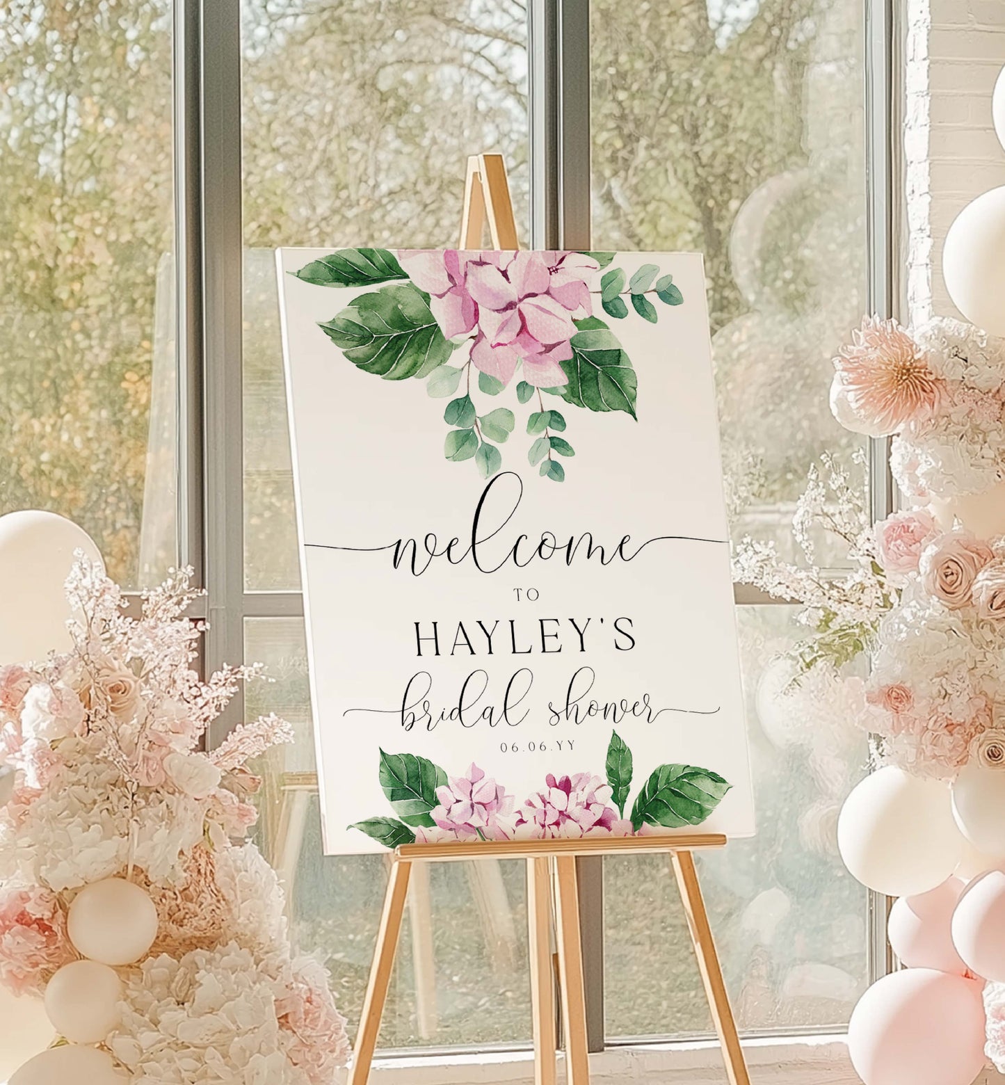 Decorative sign for a bridal shower with floral design and text on an easel. Printable Welcome Template, Pink Hydrangea Bridal Shower Welcome Sign, Girl Baby Shower Welcome Sign, Wedding Welcome Sign, Ferras Blossom