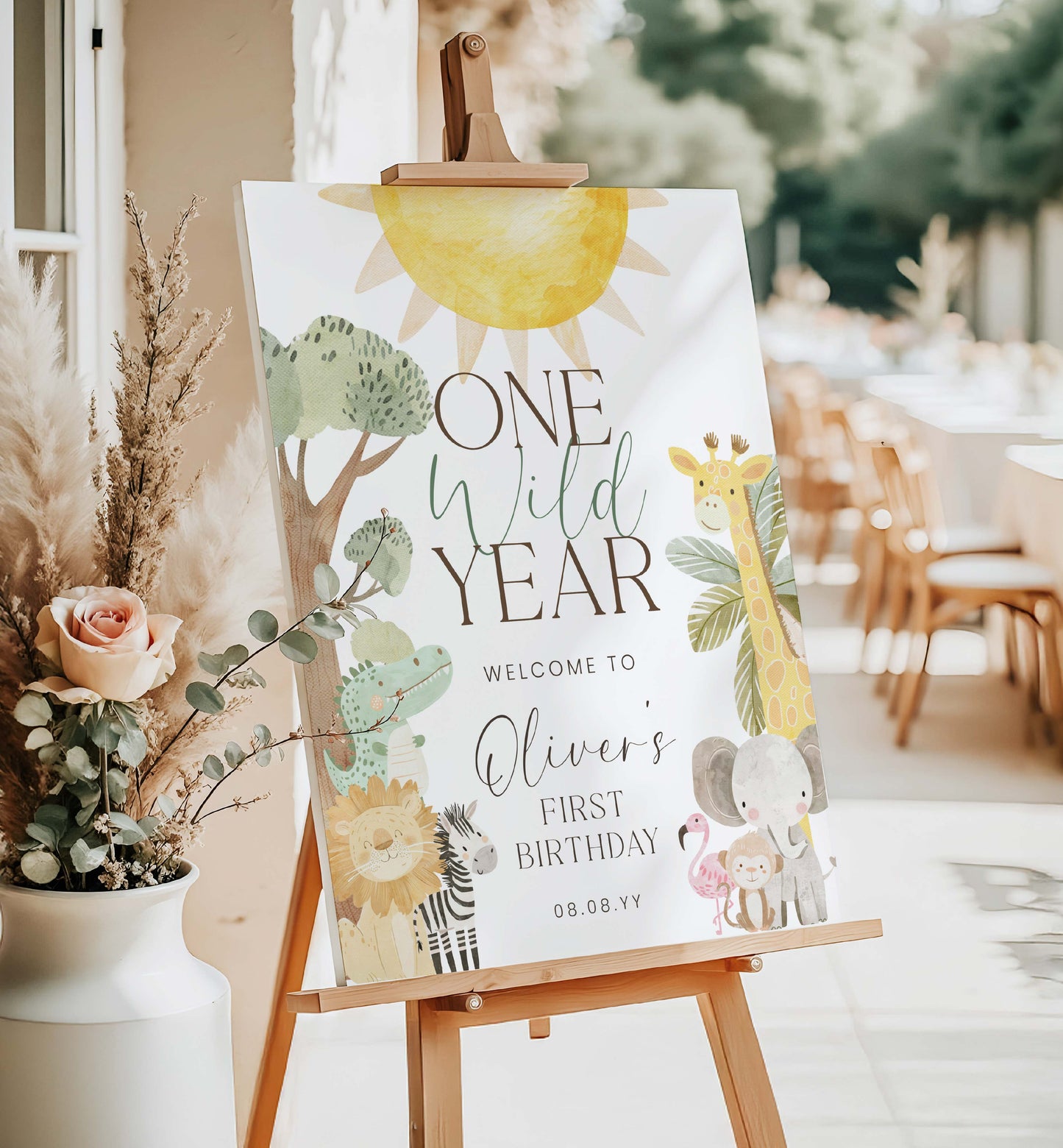 Birthday sign for a child's first birthday with animals and text on an easel. One Wild Year First Birthday Welcome Sign, Printable Safari 1st Birthday Party Sign, Boy Zoo Animal Welcome Sign, Jungle Animals Birthday, Nyala