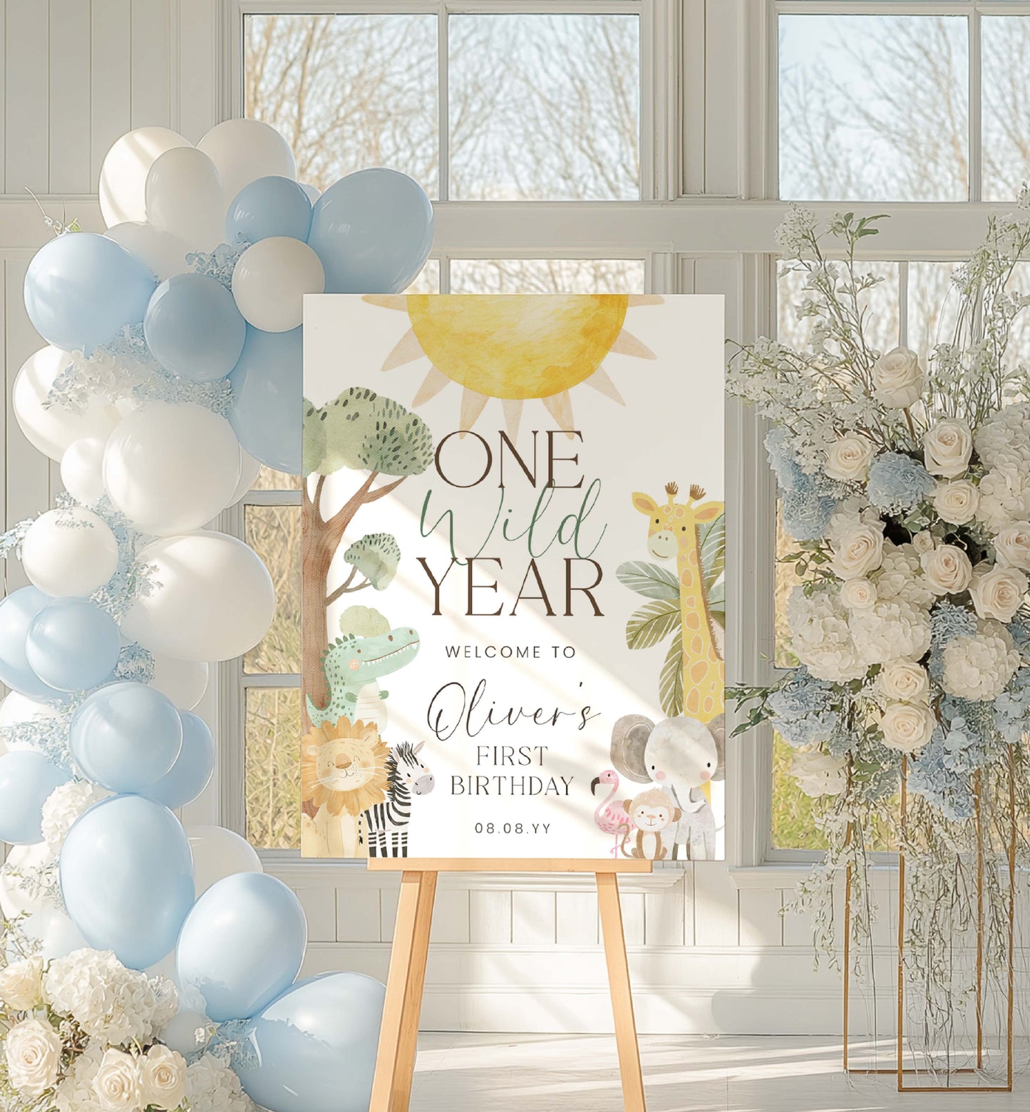Birthday party setup with balloons, floral arrangement, and 'One Wild Year' sign. One Wild Year First Birthday Welcome Sign, Printable Safari 1st Birthday Party Sign, Boy Zoo Animal Welcome Sign, Jungle Animals Birthday, Nyala