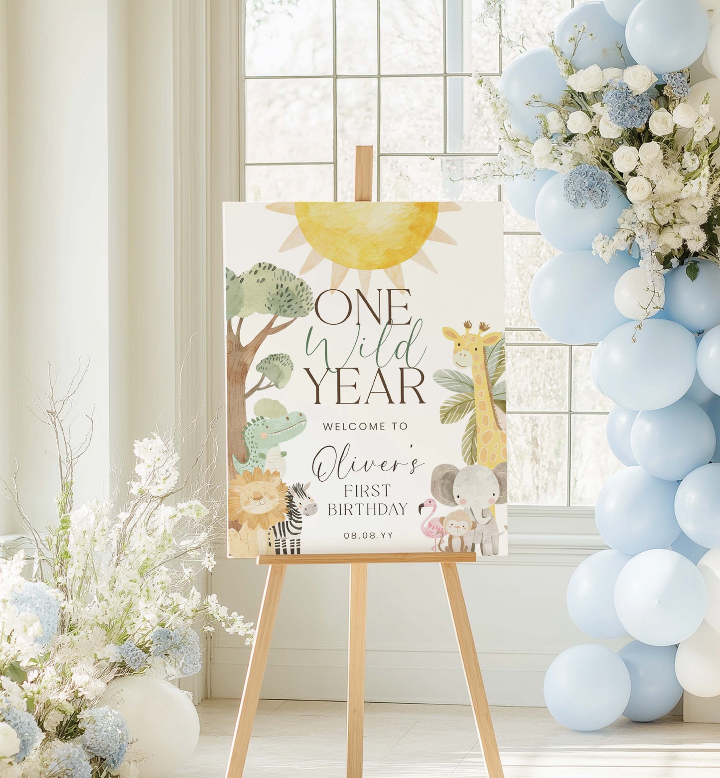 Birthday sign with animals and balloons in a decorated room. One Wild Year First Birthday Welcome Sign, Printable Safari 1st Birthday Party Sign, Boy Zoo Animal Welcome Sign, Jungle Animals Birthday, Nyala