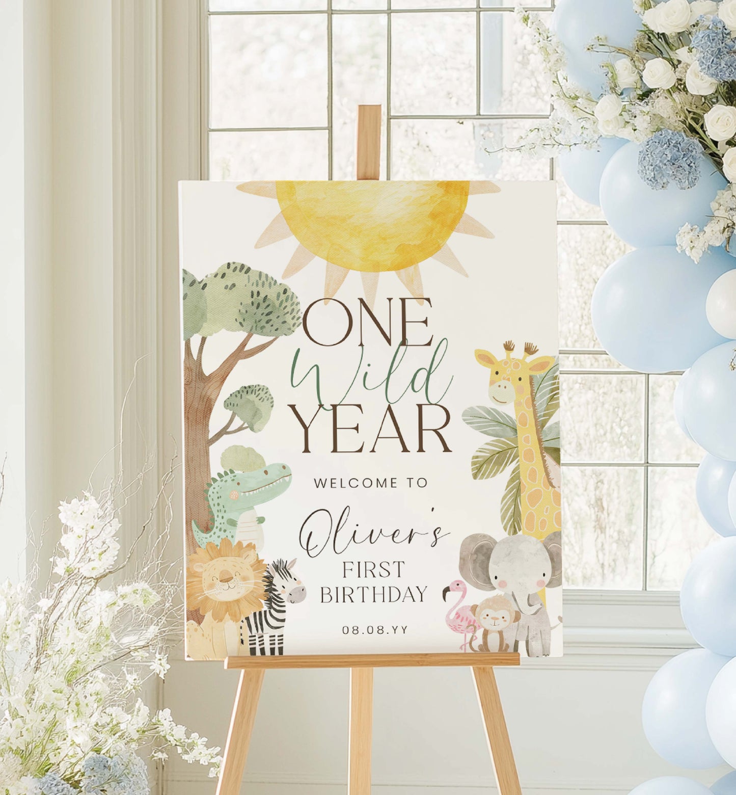 Birthday sign with animals and 'One Wild Year' text on an easel with balloons and flowers. One Wild Year First Birthday Welcome Sign, Printable Safari 1st Birthday Party Sign, Boy Zoo Animal Welcome Sign, Jungle Animals Birthday, Nyala