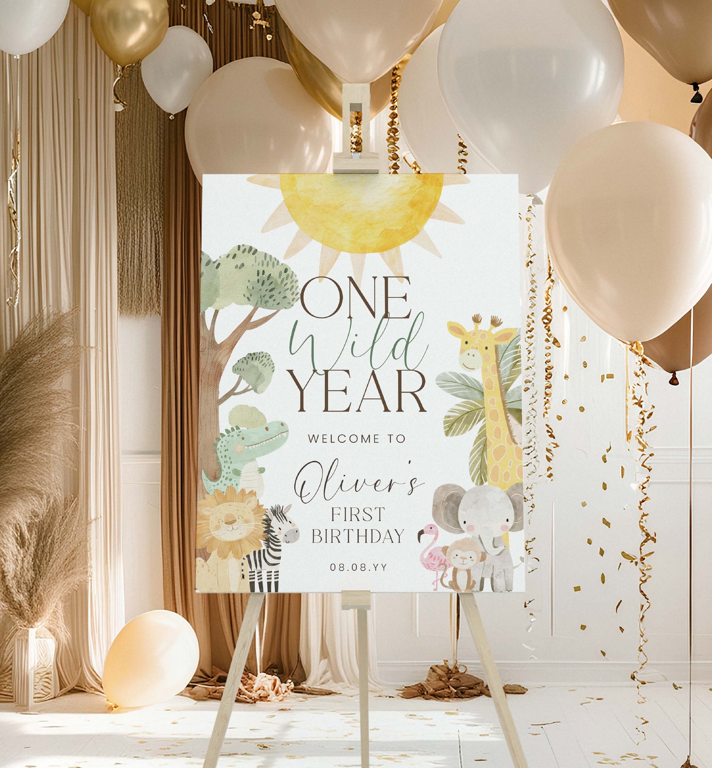 Decorative setup with balloons and a 'One Wild Year' birthday sign in a room. One Wild Year First Birthday Welcome Sign, Printable Safari 1st Birthday Party Sign, Boy Zoo Animal Welcome Sign, Jungle Animals Birthday, Nyala