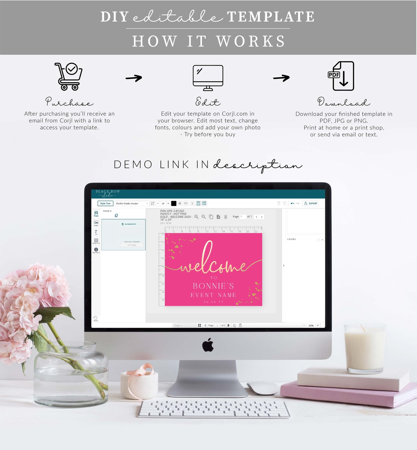 Paintly Hot Pink Gold | Printable Welcome Sign Template