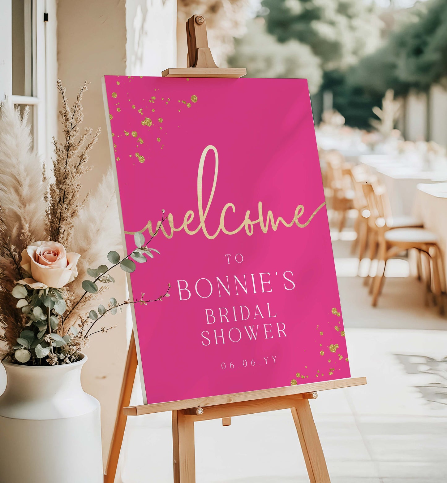 Pink welcome sign for Bonnie's bridal shower on an easel with a floral arrangement. Editable Welcome Sign, Hot Pink Gold Printable Girls Birthday Welcome Sign, Hot Pink Doll Party Welcome Sign, Hot Pink Bridal Shower Paintly