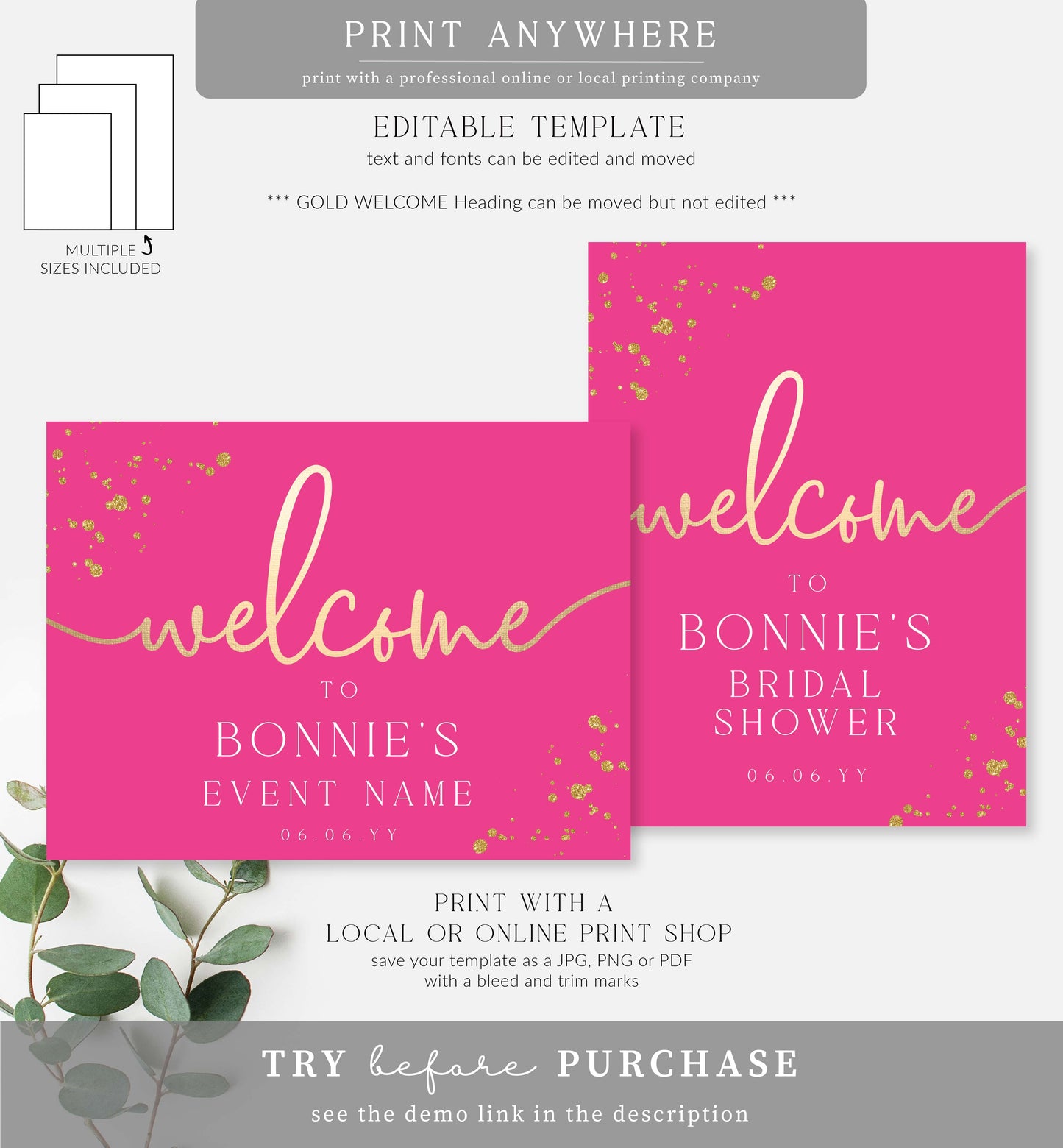 Paintly Hot Pink Gold | Printable Welcome Sign Template