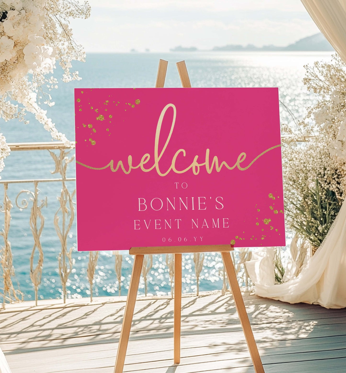 Pink welcome sign on an easel with a scenic background. Editable Welcome Sign, Hot Pink Gold Printable Girls Birthday Welcome Sign, Hot Pink Doll Party Welcome Sign, Hot Pink Bridal Shower Paintly