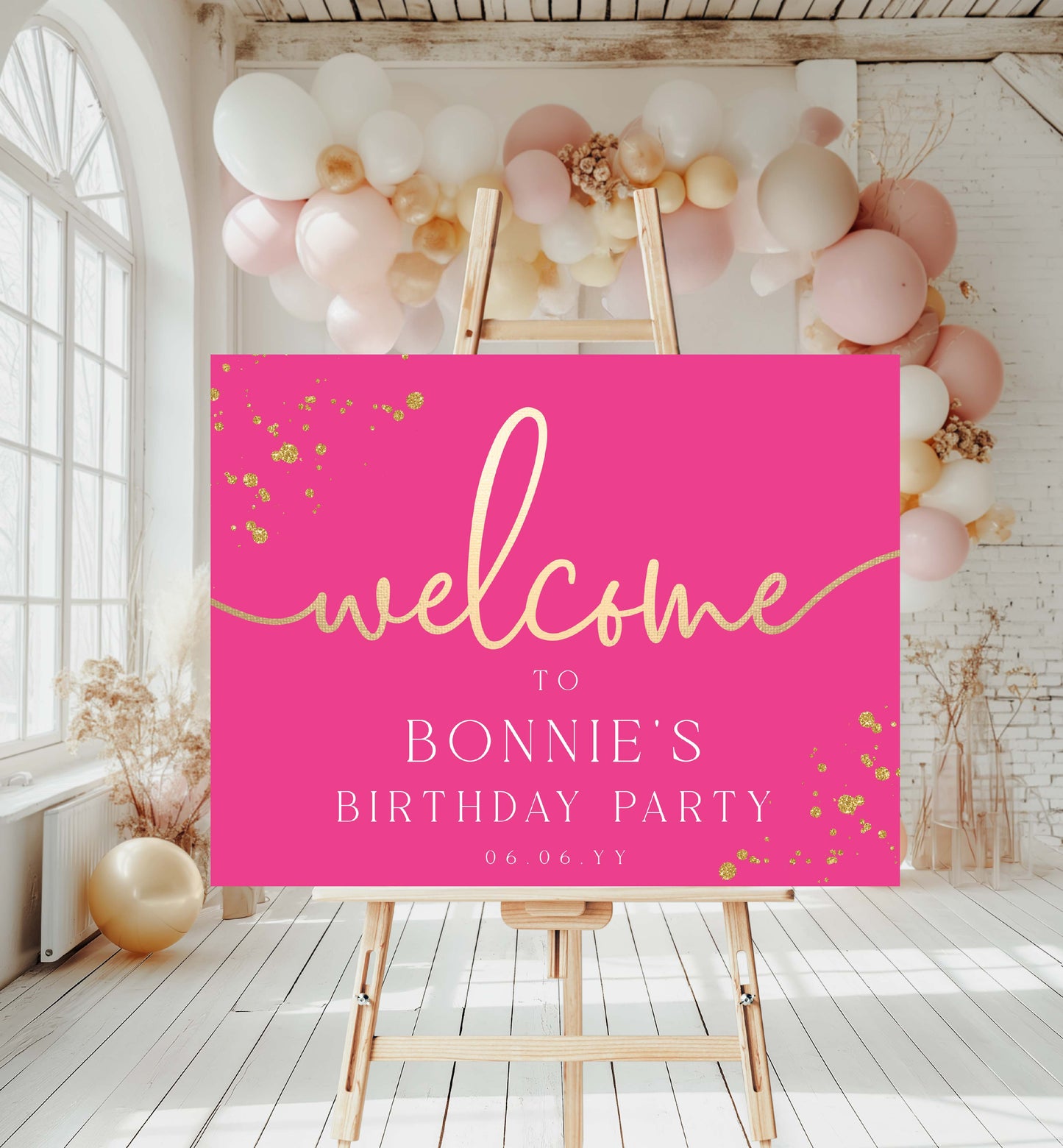 Pink welcome sign for Bonnie's birthday party with balloons in the background. Editable Welcome Sign, Hot Pink Gold Printable Girls Birthday Welcome Sign, Hot Pink Doll Party Welcome Sign, Hot Pink Bridal Shower Paintly