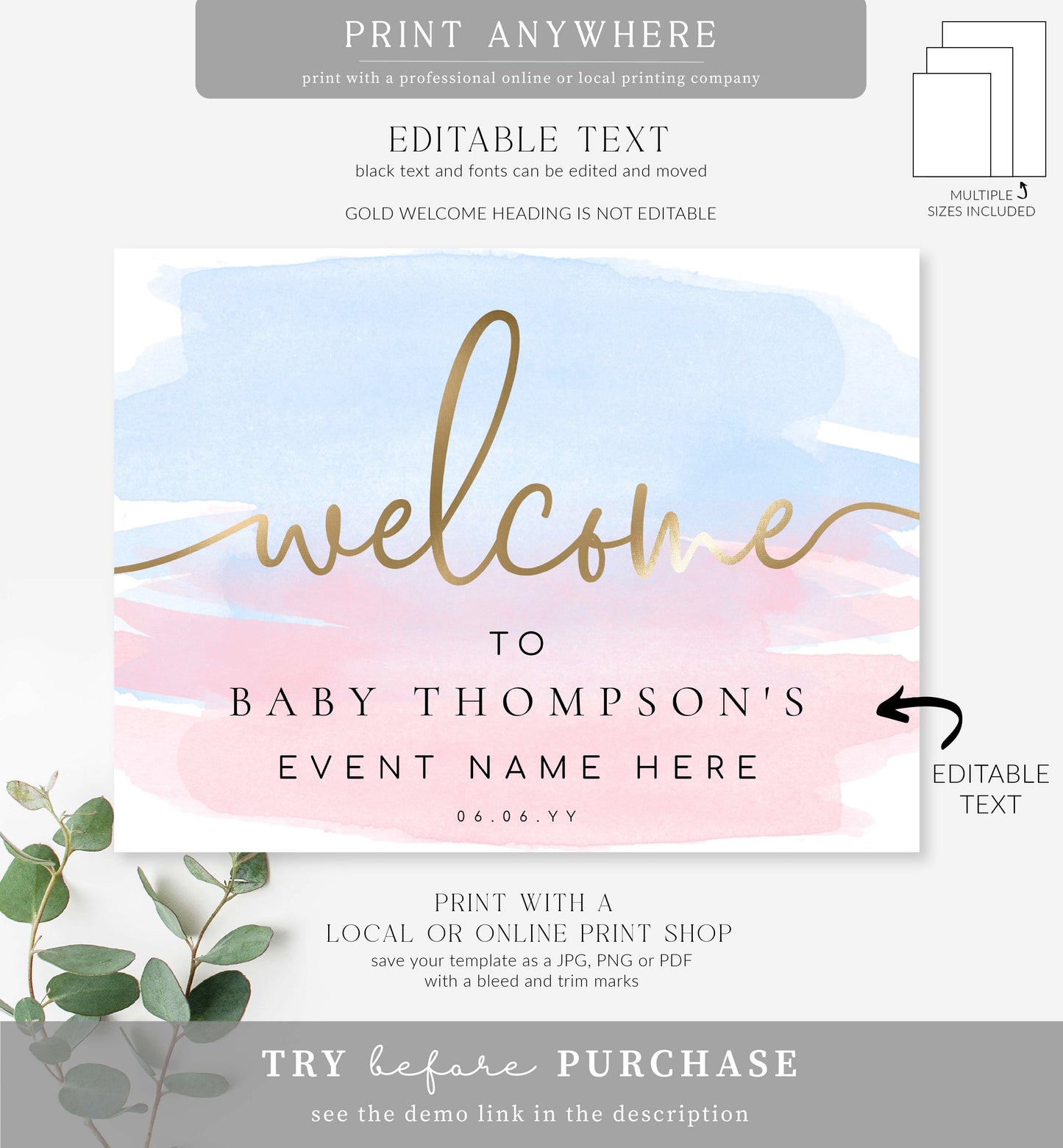 Watercolour Pink Blue | Printable Welcome Sign Template