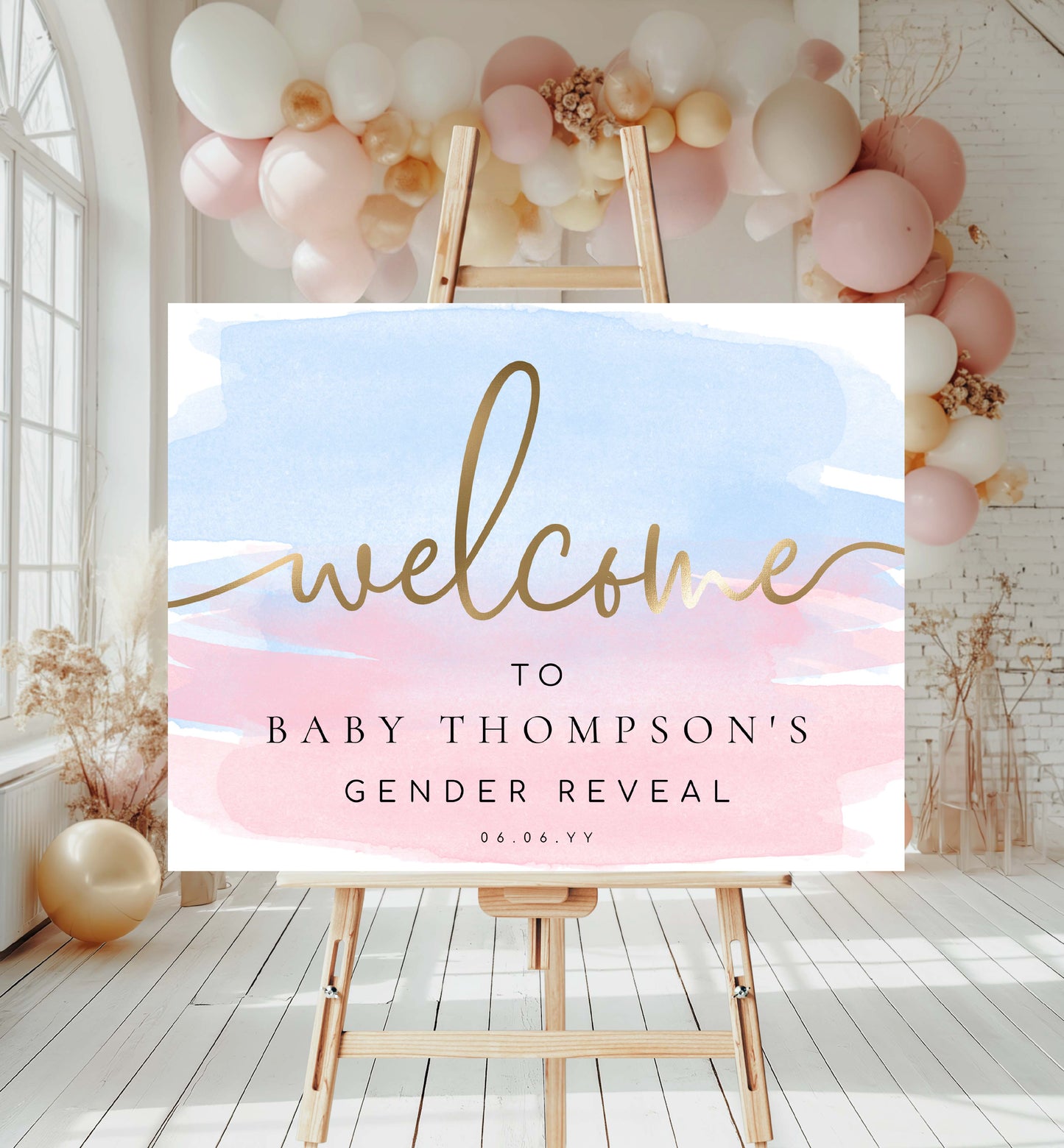 Printable Welcome Sign, Pink Blue Watercolour Gender Reveal Party Welcome Sign, Gender Neutral Baby Shower Welcome Sign, Gold