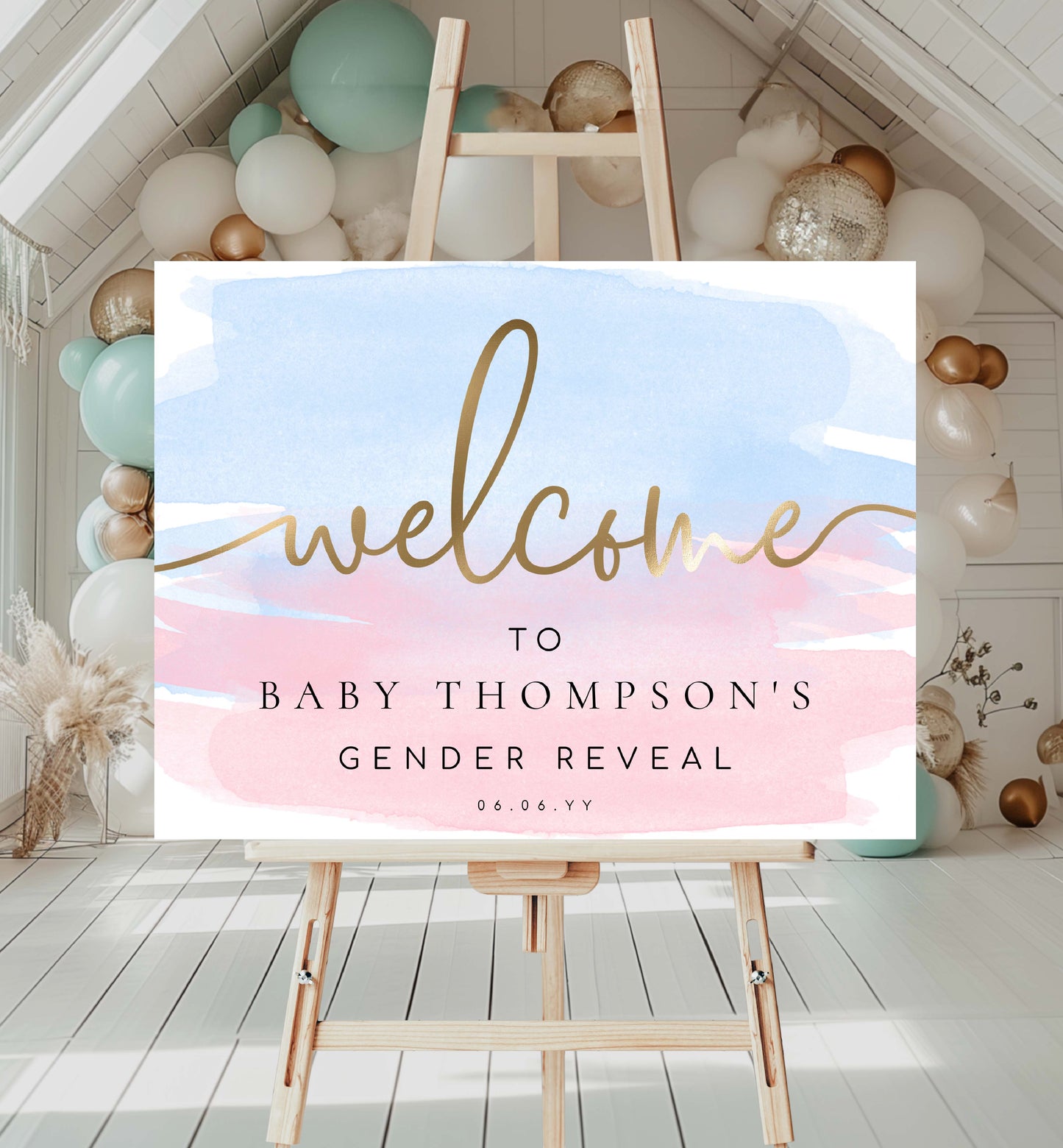 Printable Welcome Sign, Pink Blue Watercolour Gender Reveal Party Welcome Sign, Gender Neutral Baby Shower Welcome Sign, Gold