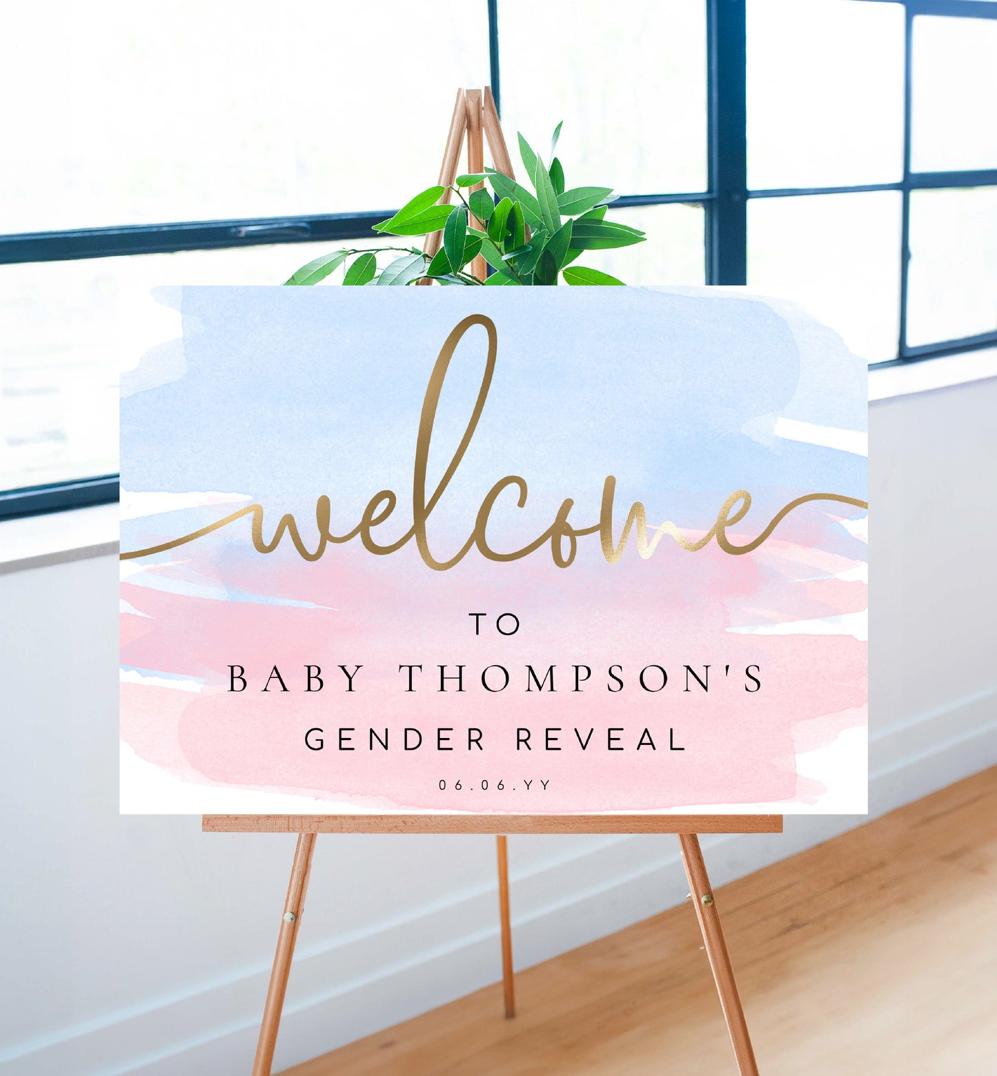 Printable Welcome Sign, Pink Blue Watercolour Gender Reveal Party Welcome Sign, Gender Neutral Baby Shower Welcome Sign, Gold