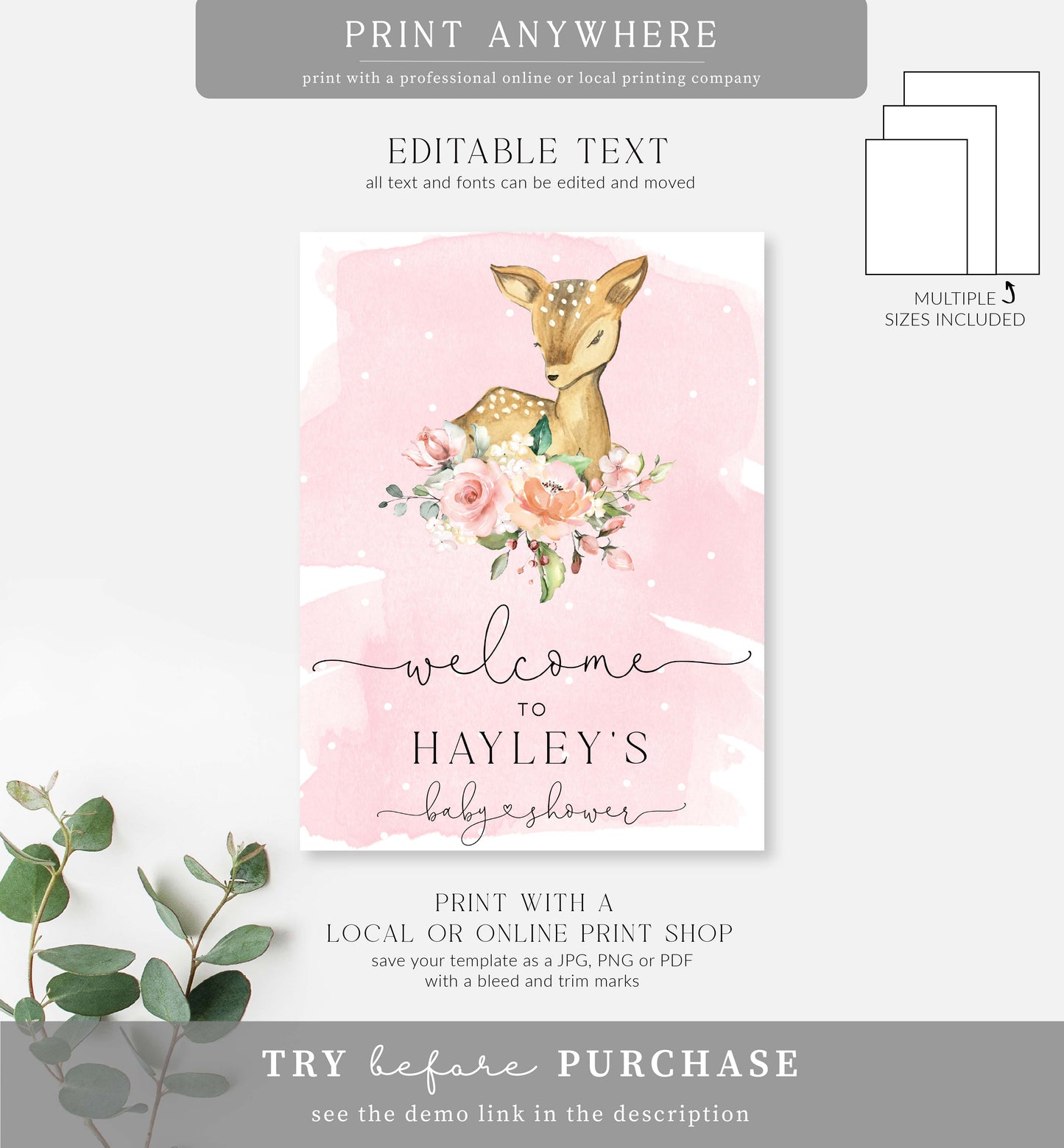 Oh Deer Pink | Printable Welcome Sign Template