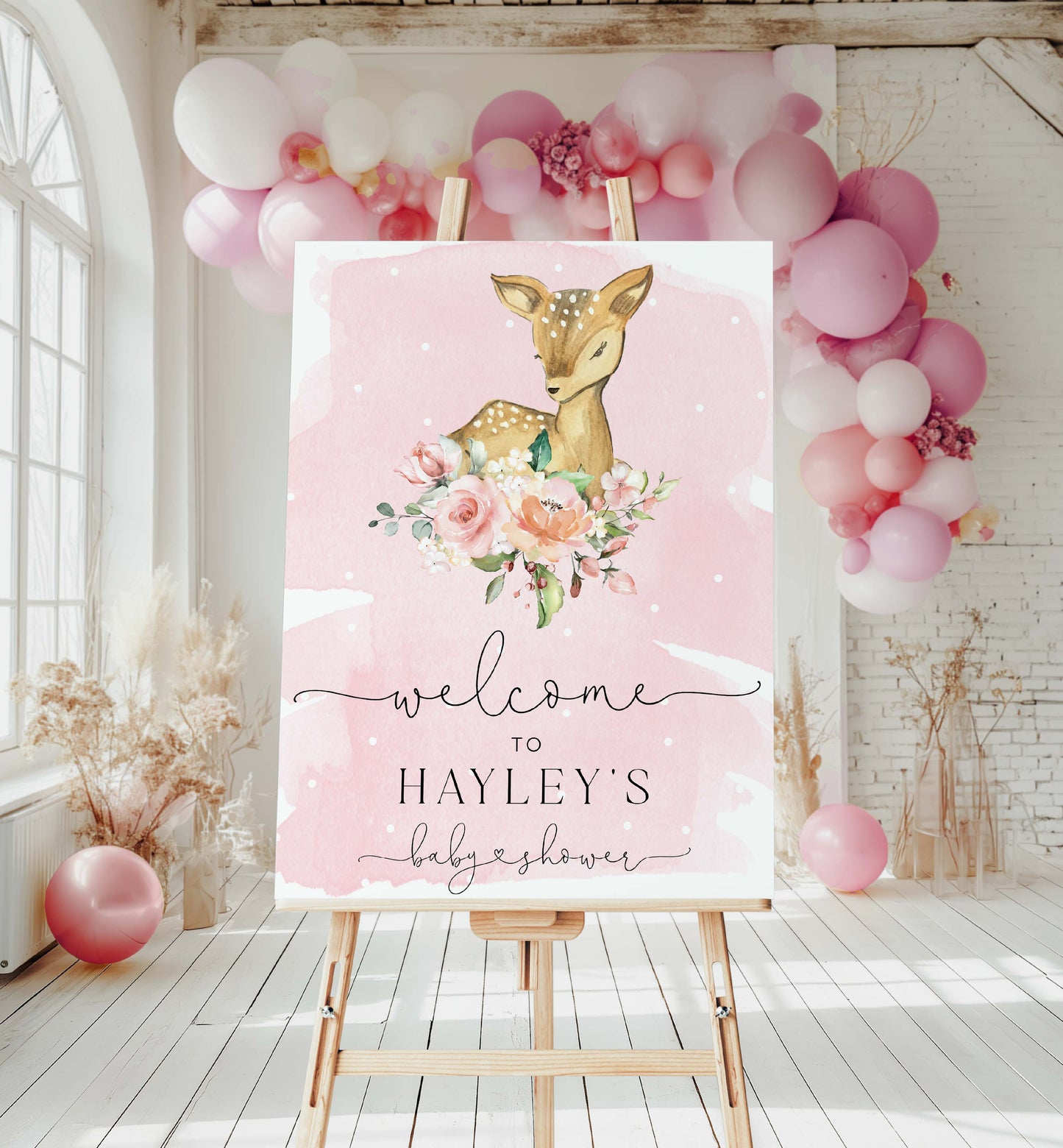 Decorative sign for a baby shower with a deer and floral design, surrounded by balloons and flowers. Printable Welcome Sign, Oh Deer Baby Shower Welcome Sign, Woodland Animals Girl Baby Shower, Oh Deer A Baby Girl Is Almost Here, Pink