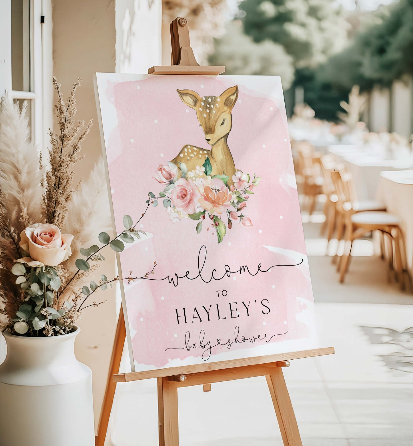 Baby shower welcome sign with a deer and flowers on an easel outdoors. Printable Welcome Sign, Oh Deer Baby Shower Welcome Sign, Woodland Animals Girl Baby Shower, Oh Deer A Baby Girl Is Almost Here, Pink