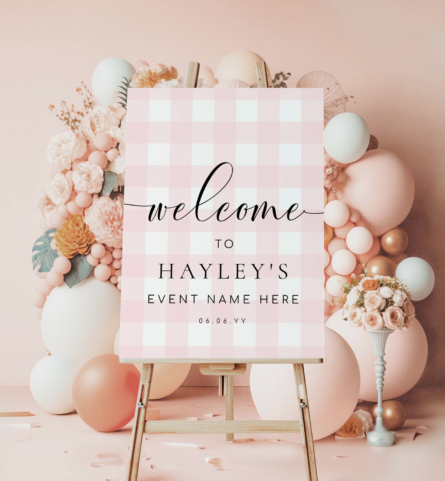 Pink Gingham Welcome Sign, Girl Baby Shower Pale Pink Check Welcome Sign, Printable Picnic Theme Baby Shower Welcome Sign