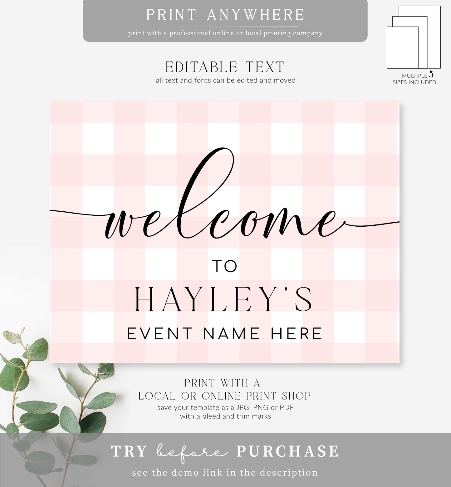 Gingham Pink | Printable Welcome Sign Template