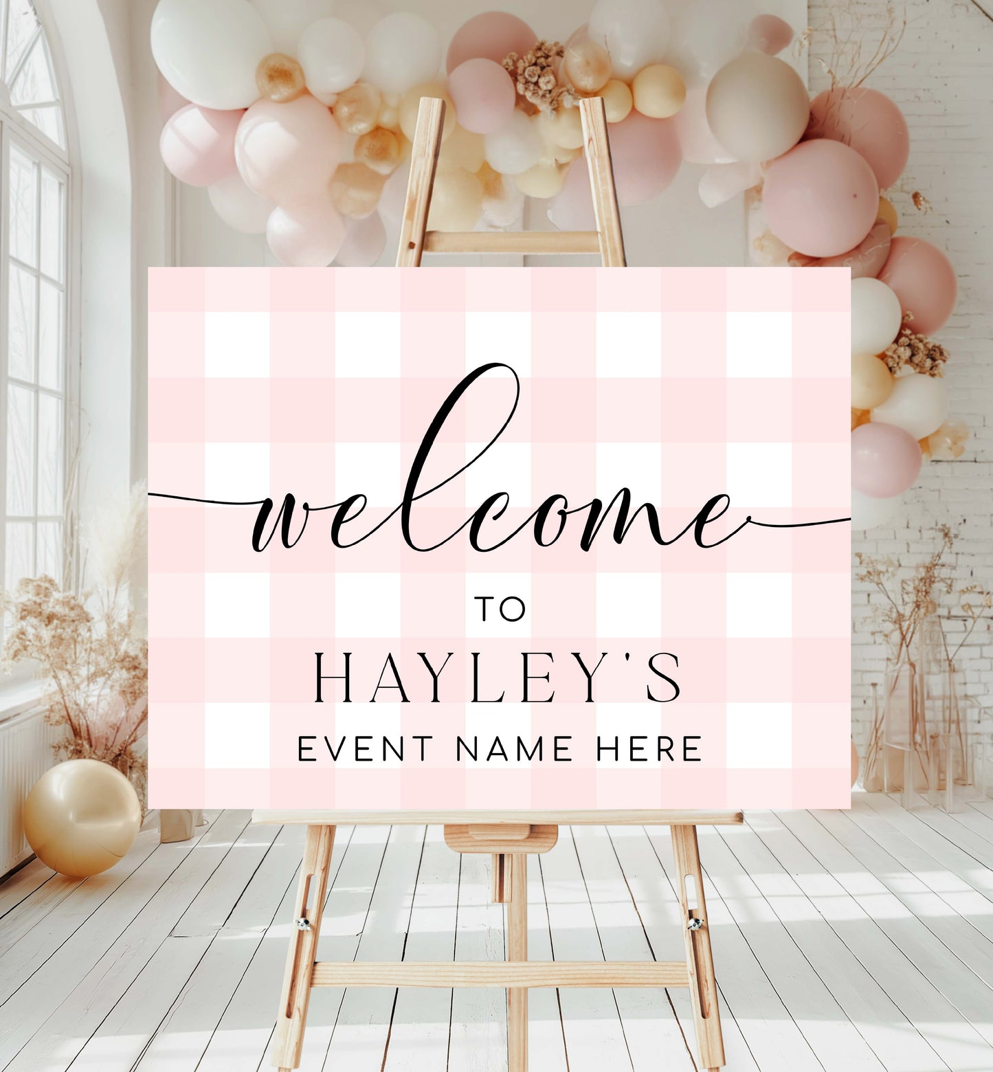Pink Gingham Welcome Sign, Girl Baby Shower Pale Pink Check Welcome Sign, Printable Picnic Theme Baby Shower Welcome Sign