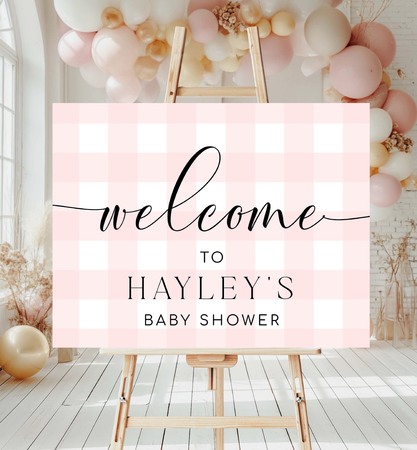 Pink Gingham Welcome Sign, Girl Baby Shower Pale Pink Check Welcome Sign, Printable Picnic Theme Baby Shower Welcome Sign