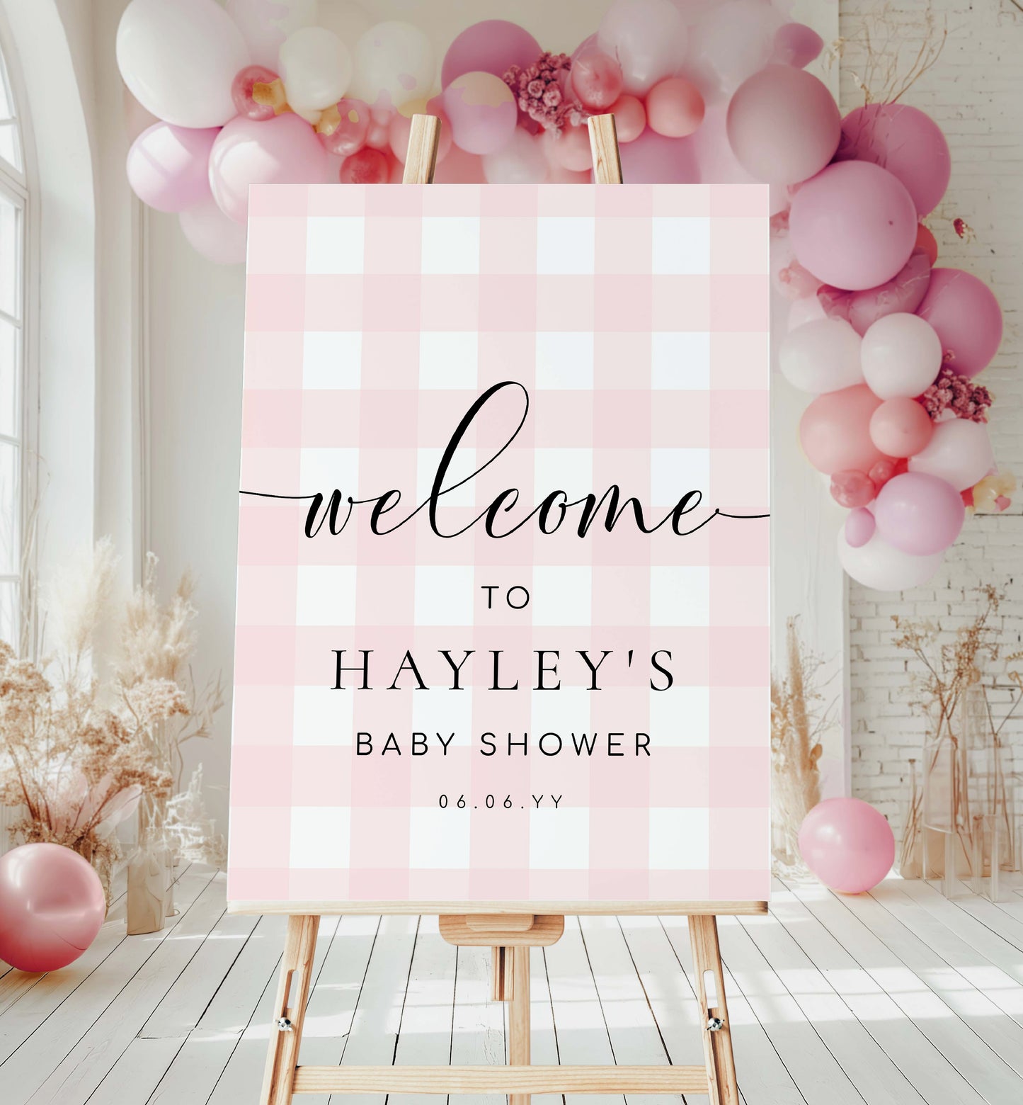 Pink Gingham Welcome Sign, Girl Baby Shower Pale Pink Check Welcome Sign, Printable Picnic Theme Baby Shower Welcome Sign