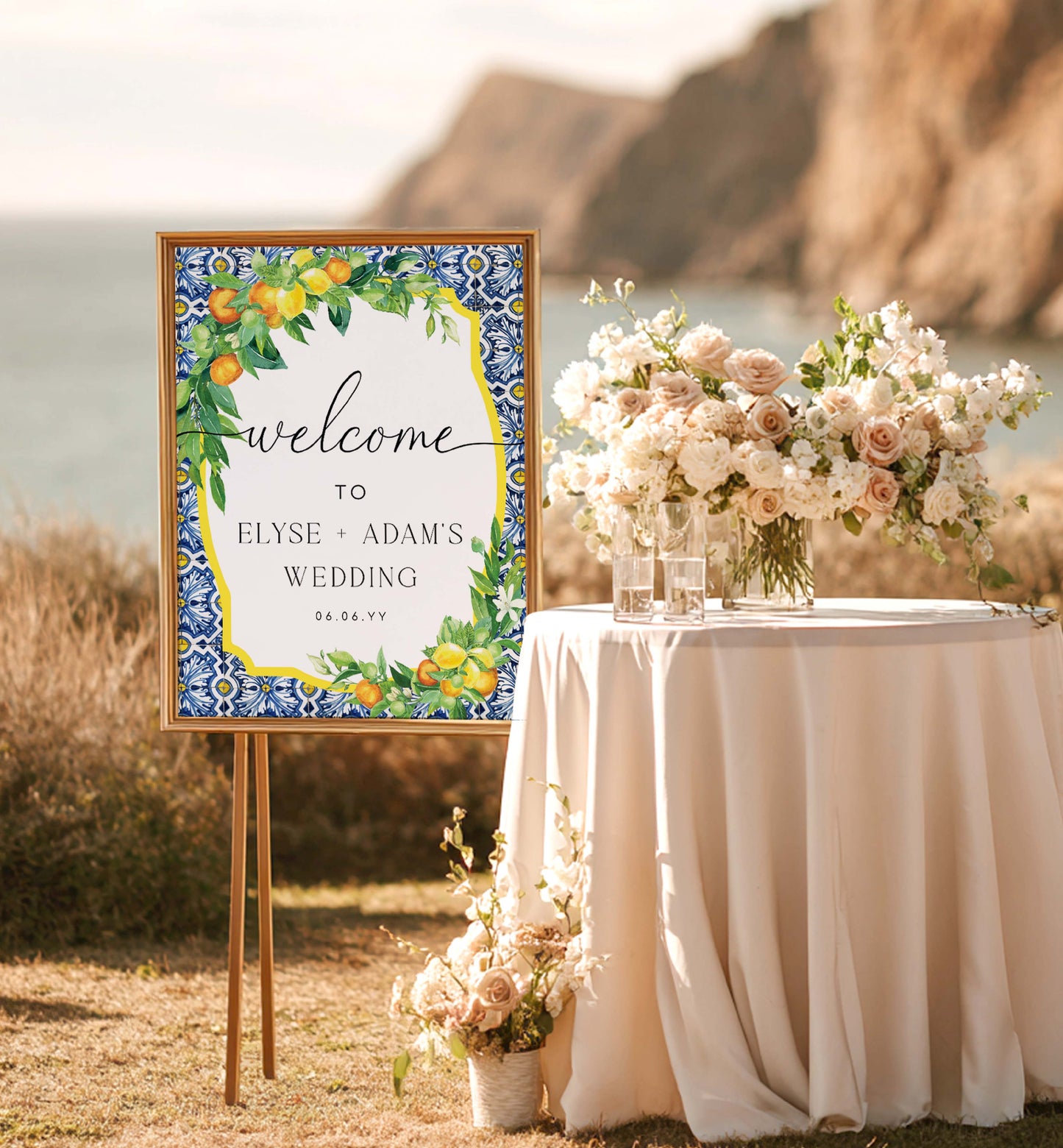 Wedding welcome sign with floral design outdoors. Printable Welcome Sign, Positano Blue Tile, Italian Oranges Lemons, Printable Wedding Sign, Bridal Shower Welcome Sign, Baby Shower Sign