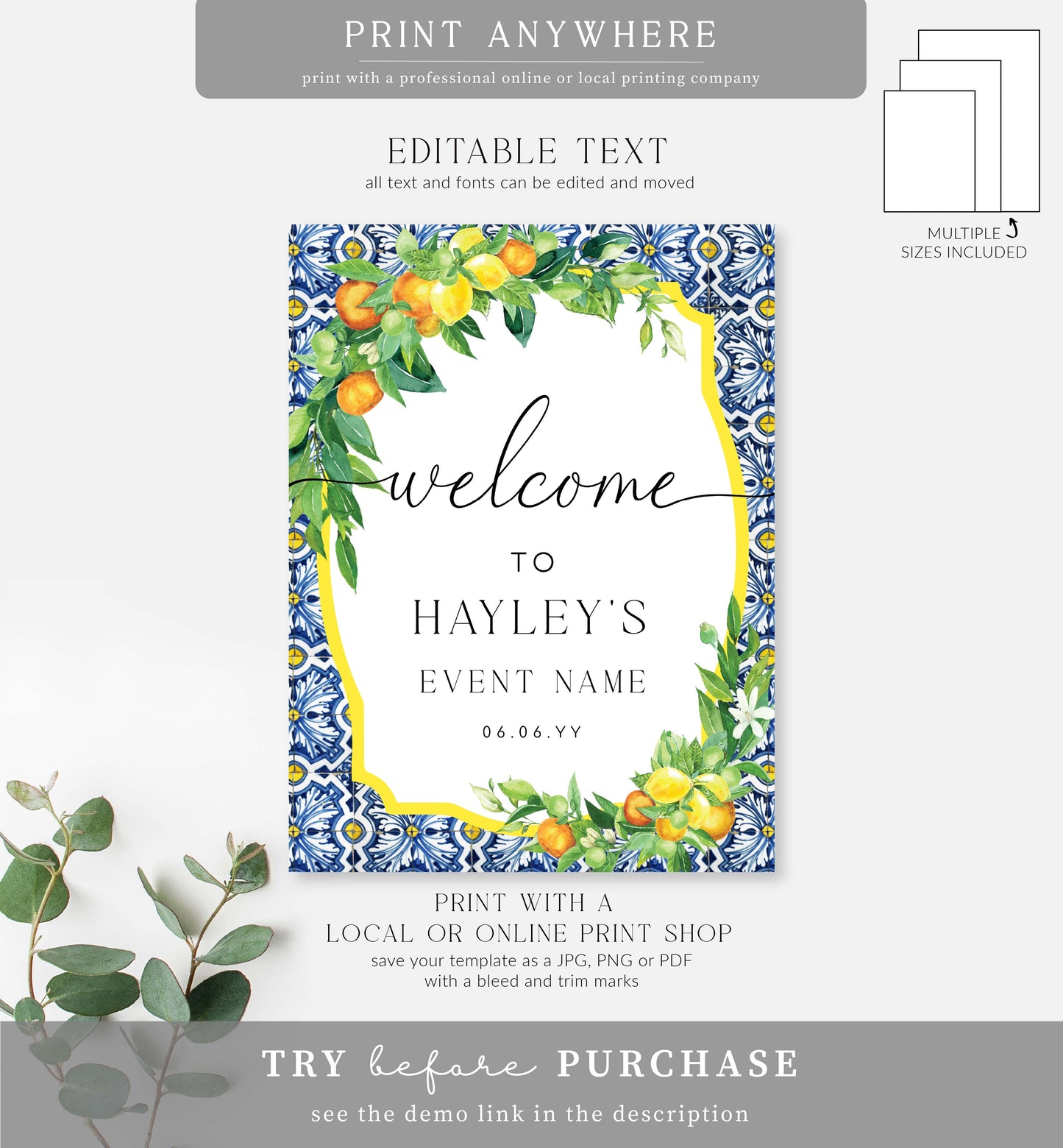 Positano Oranges Lemons | Printable Welcome Sign Template