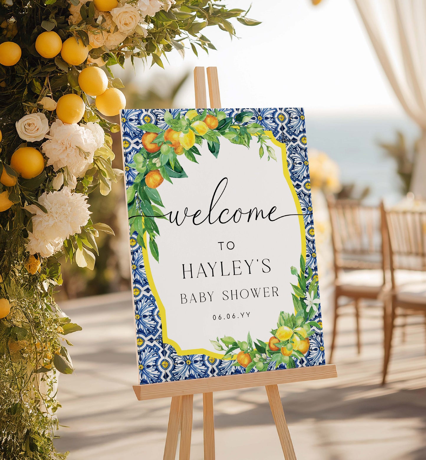 Baby shower welcome sign with floral and fruit design on an easel, surrounded by decorative flowers and fruits. Printable Welcome Sign, Positano Blue Tile, Italian Oranges Lemons, Printable Wedding Sign, Bridal Shower Welcome Sign, Baby Shower Sign