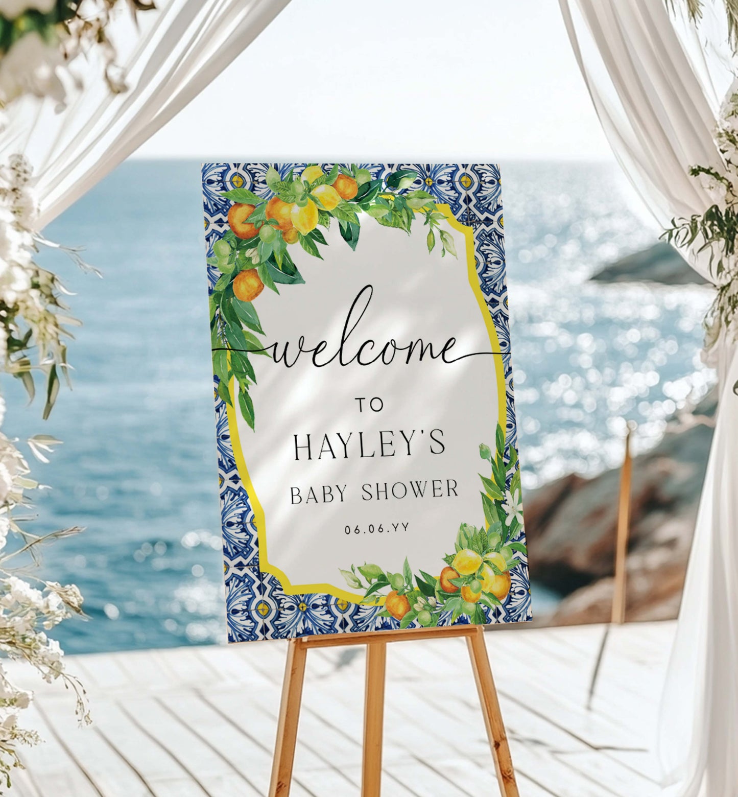 Baby shower welcome sign with decorative frame on an easel by the sea. Printable Welcome Sign, Positano Blue Tile, Italian Oranges Lemons, Printable Wedding Sign, Bridal Shower Welcome Sign, Baby Shower Sign