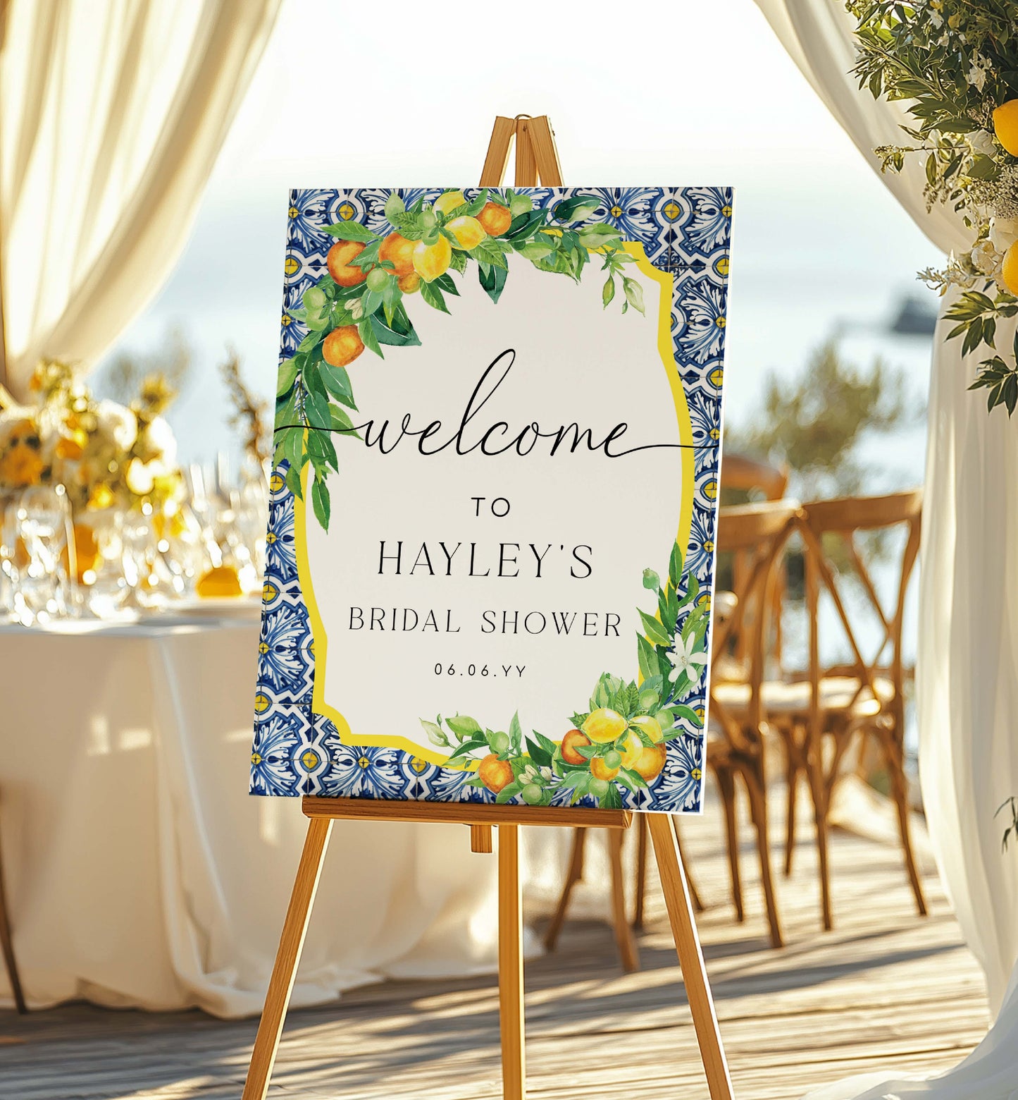 Welcome sign for Hayley's bridal shower with floral design on an easel. Printable Welcome Sign, Positano Blue Tile, Italian Oranges Lemons, Printable Wedding Sign, Bridal Shower Welcome Sign, Baby Shower Sign