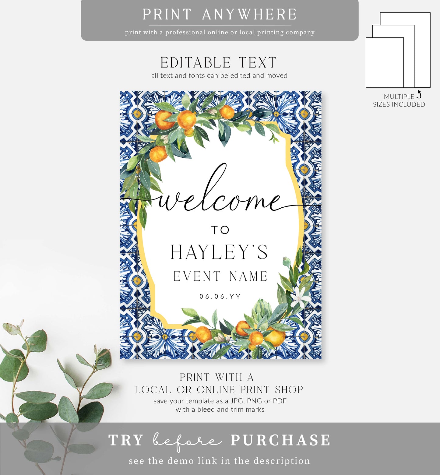 Positano Oranges | Printable Welcome Sign Template