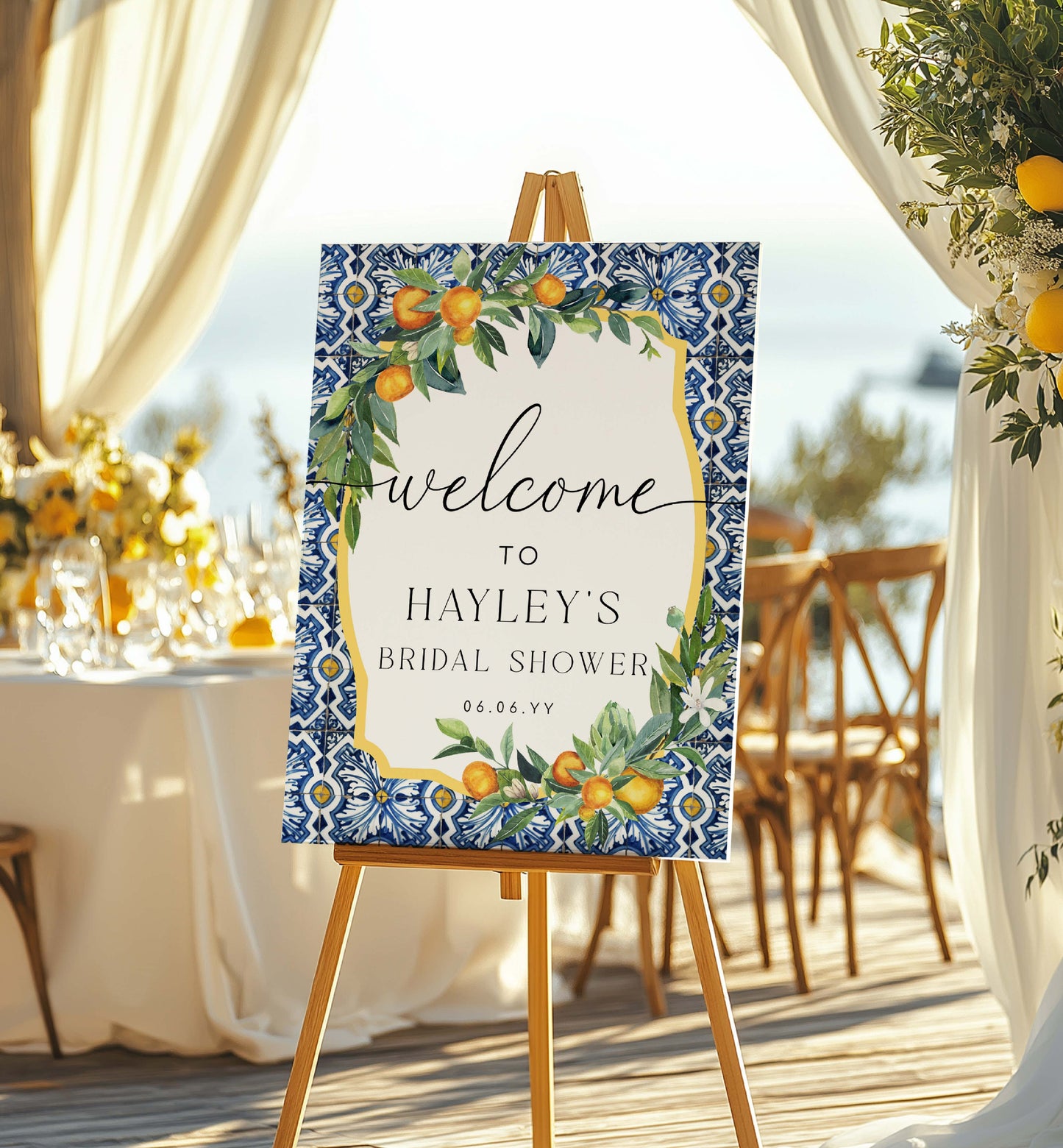 Decorative sign for Hayley's bridal shower with floral and fruit design on an easel. Printable Welcome Sign Template, Positano Blue Tile, Italian Oranges, Bridal Shower Welcome Sign, Wedding Sign, Baby Shower Sign