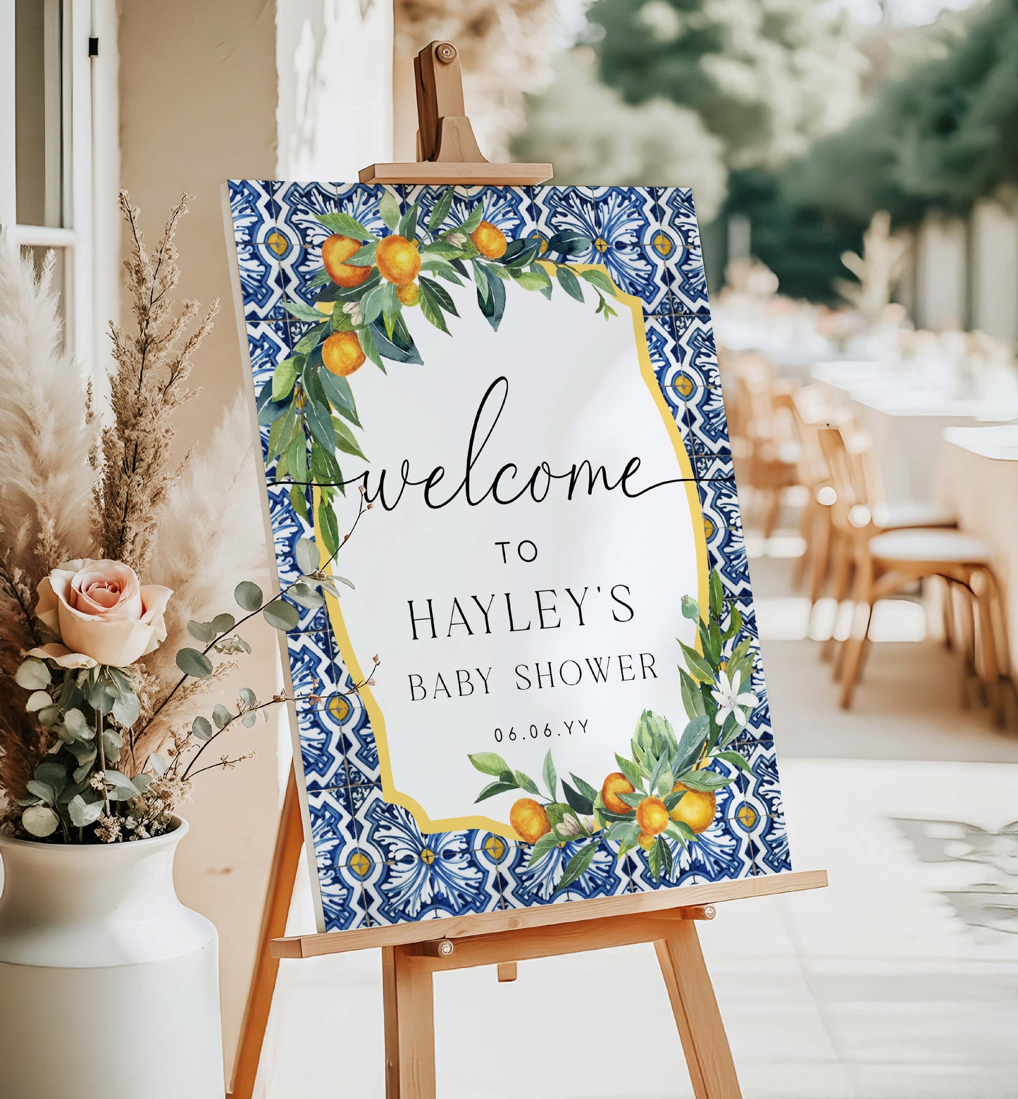 Baby shower welcome sign with floral design on an easel outdoors. Printable Welcome Sign Template, Positano Blue Tile, Italian Oranges, Bridal Shower Welcome Sign, Wedding Sign, Baby Shower Sign