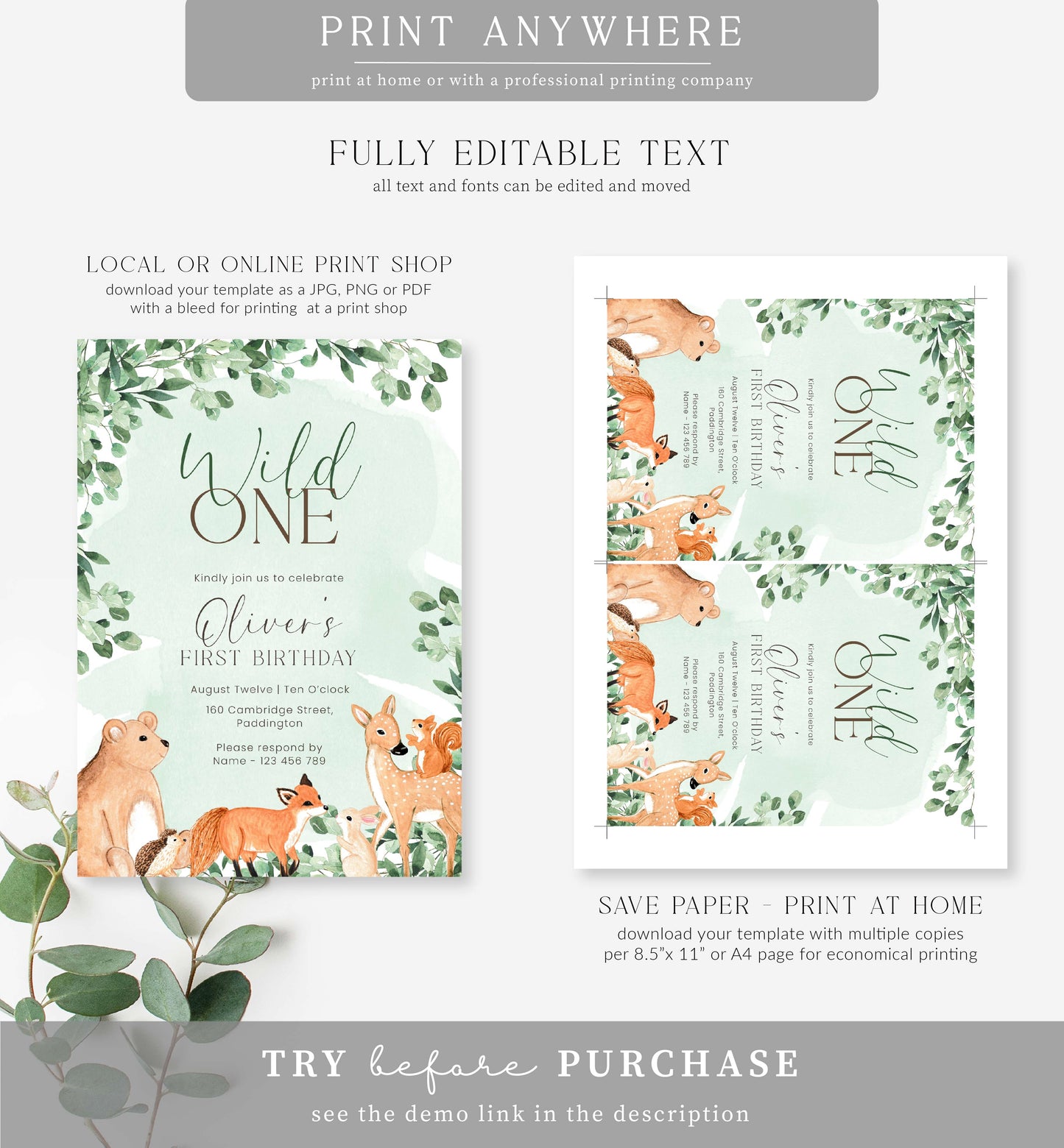 Woodland Animals Green | Printable Birthday Invitation