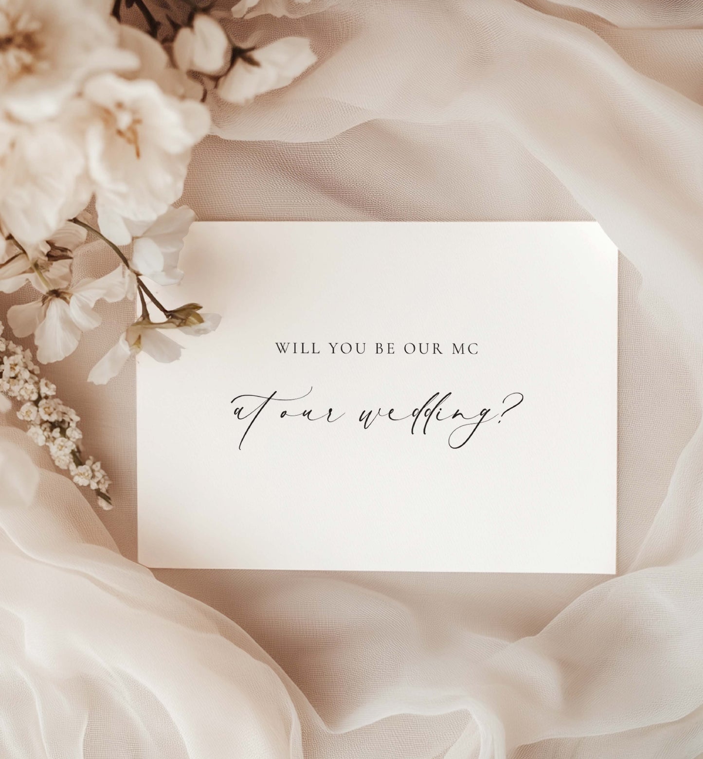 Card asking 'Will you be our MC at our wedding?' on a soft floral background. Will You Be Our MC Card, Wedding MC Proposal Card, Minimalist Wedding Card, Wedding Proposal Card, Off White Ivory, Ellesmere