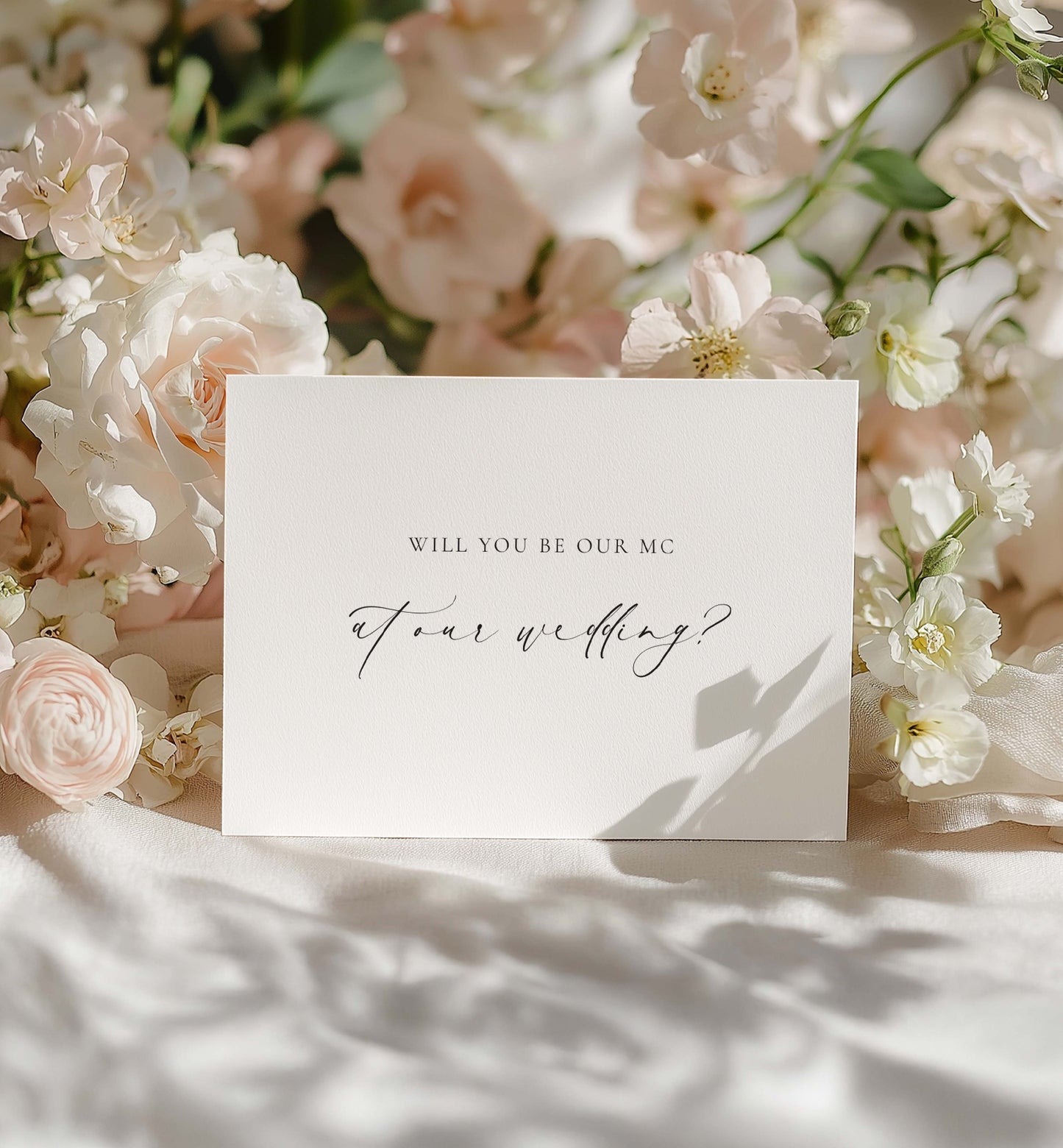 Card asking 'Will you be our MC at our wedding?' surrounded by pink and white flowers. Will You Be Our MC Card, Wedding MC Proposal Card, Minimalist Wedding Card, Wedding Proposal Card, Off White Ivory, Ellesmere