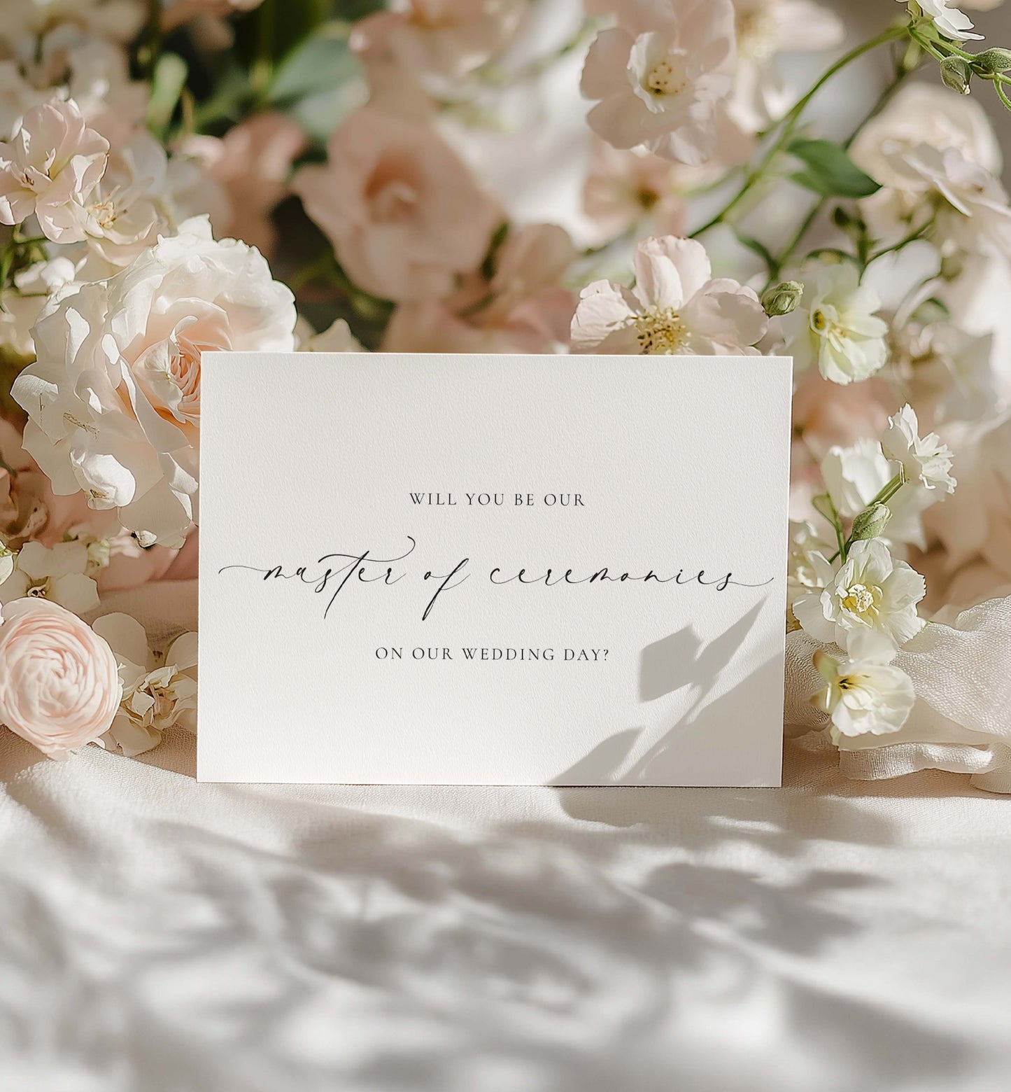 Card asking to be the 'Master of Ceremonies' on a wedding day surrounded by flowers. Will You Be Our Master of Ceremonies Card, Wedding MC Proposal Card, Minimalist Wedding Card, Wedding Proposal Card, Off White, Ellesmere