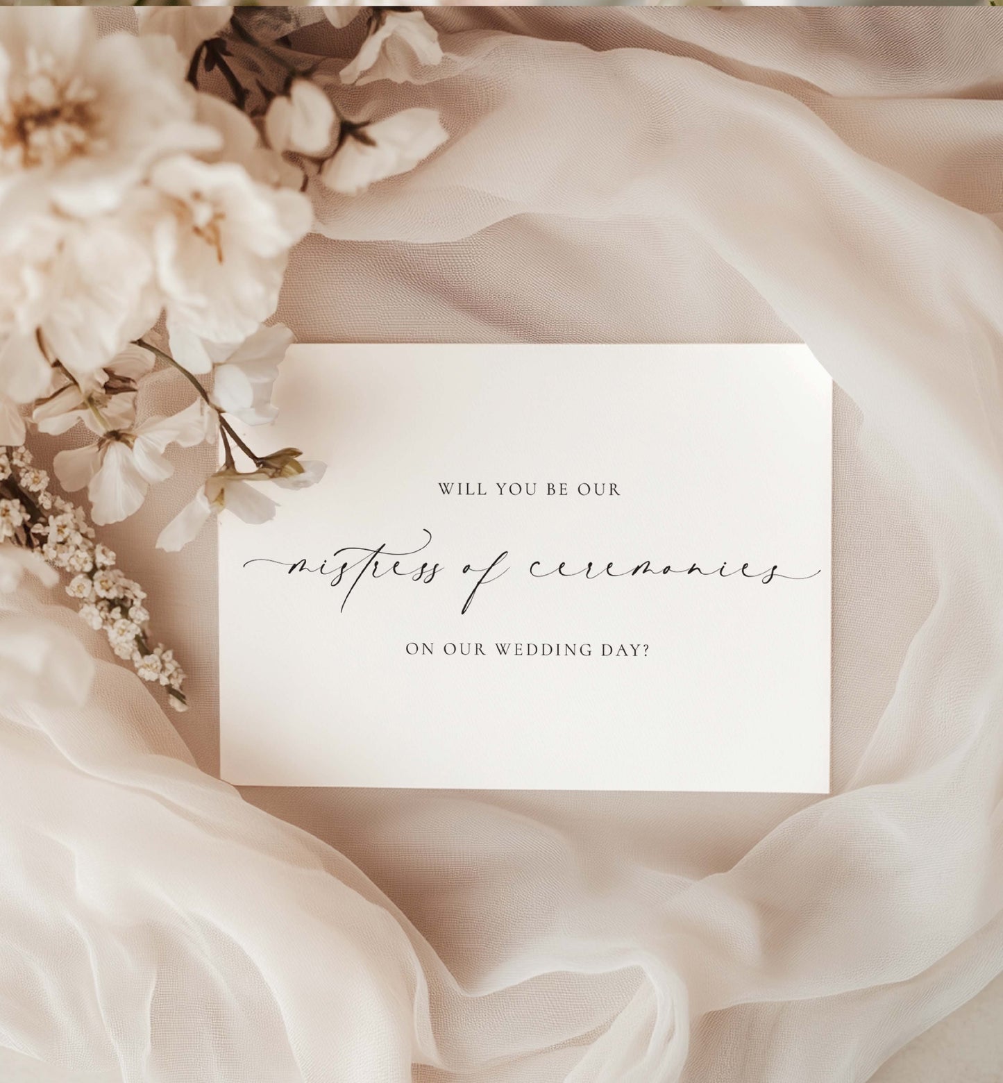 Card asking to be a witness of ceremonies on a wedding day with flowers and fabric. Will You Be Our Mistress of Ceremonies Card, Wedding MC Proposal Card, Minimalist Wedding Card, Wedding Proposal Card, Off White, Ellesmere