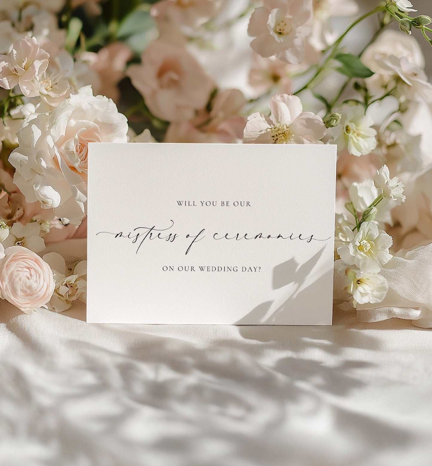 Card asking to be a witness of ceremonies surrounded by pink and white flowers. Will You Be Our Mistress of Ceremonies Card, Wedding MC Proposal Card, Minimalist Wedding Card, Wedding Proposal Card, Off White, Ellesmere