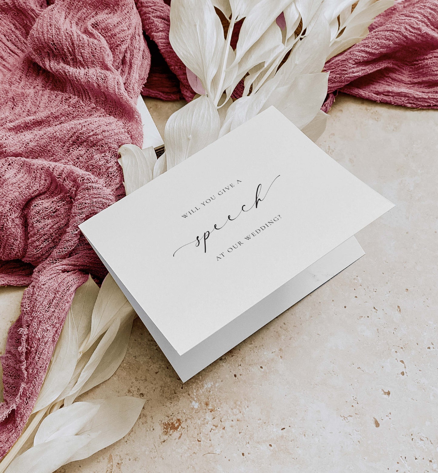 White card with 'Will you give a speech at our wedding?' text on a textured surface with pink fabric and white. Will You Give a Speech At Our Wedding Card, Wedding Speech Card, Minimalist Wedding Card, Wedding Proposal Card, Off White Ivory, Ellesmere flowers.