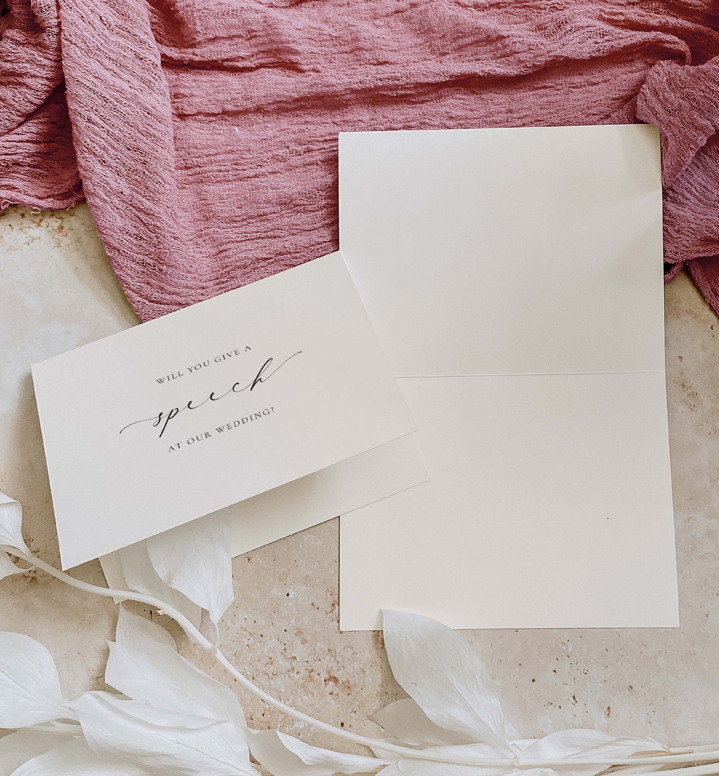 White card with 'Will you give a speech at our wedding?' text on a pink fabric background. Will You Give a Speech At Our Wedding Card, Wedding Speech Card, Minimalist Wedding Card, Wedding Proposal Card, Off White Ivory, Ellesmere