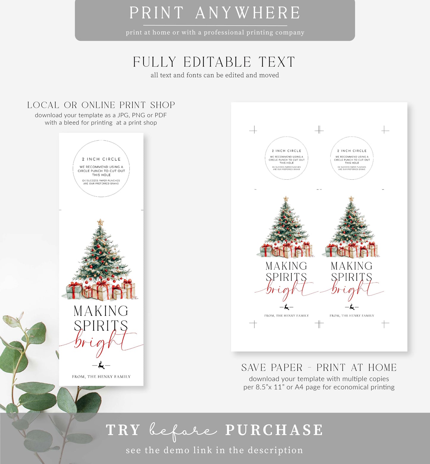 Magical Christmas | Printable Making Spirits Bright Wine Bottle Bib Gift Tag