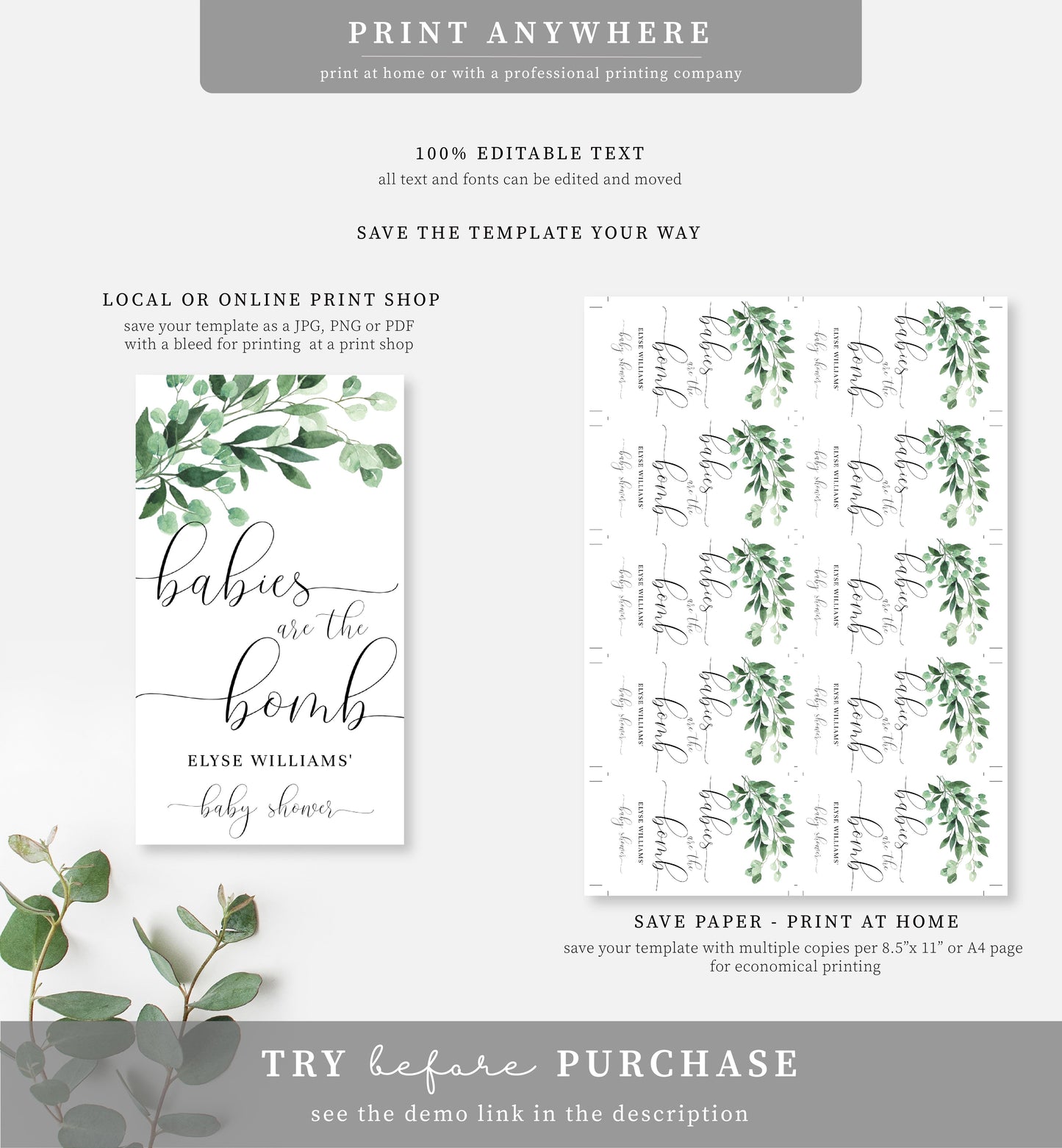 Everly Greenery | Printable Bath Bomb Favour Tags Template