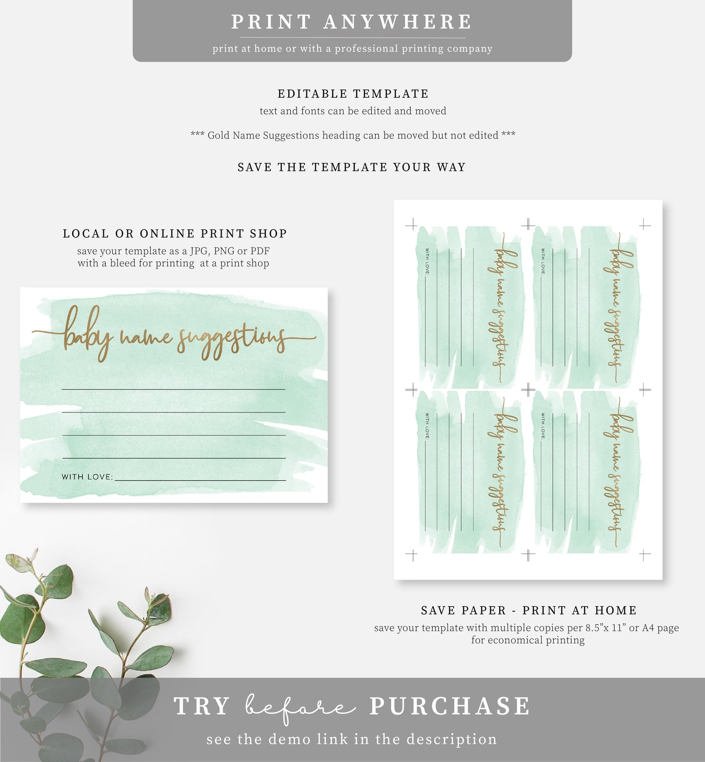 Watercolour Green | Printable Baby Name Suggestion Game