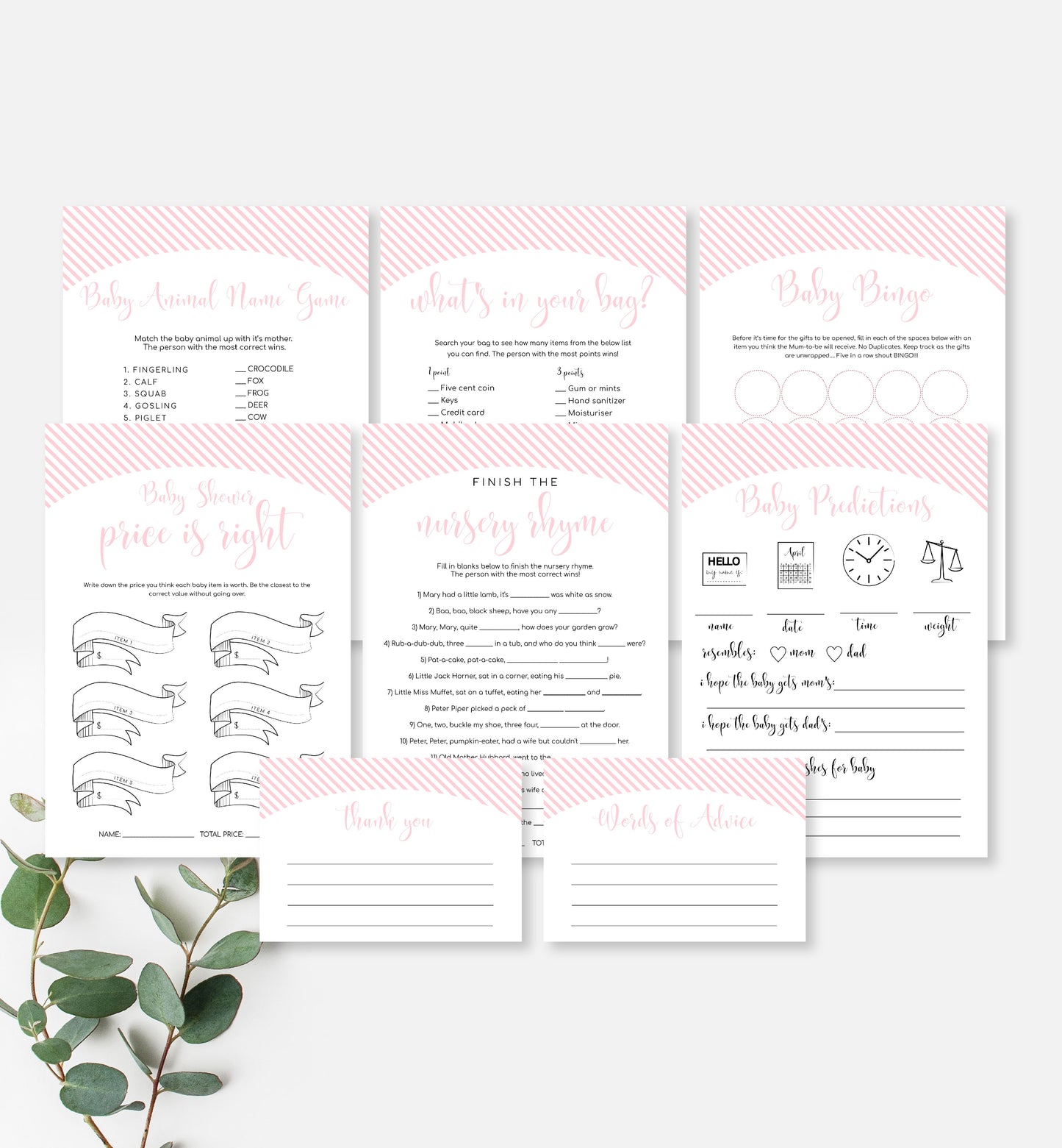 Stripe Pink | Printable Baby Shower Games Bundle - Black Bow Studio