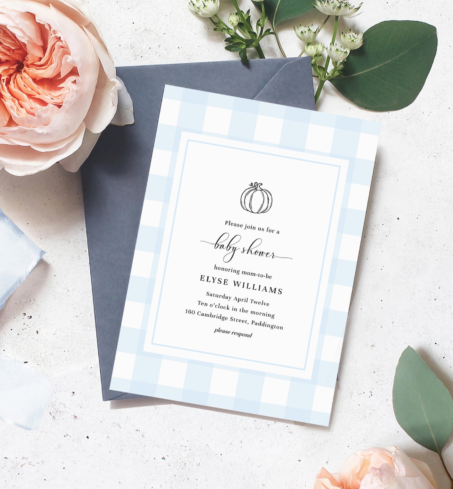 Blue Gingham Pumpkin Baby Shower Invitation, Book Request, Fall Pumpkin Baby Boy Blue Gingham Picnic Baby Shower Invitation