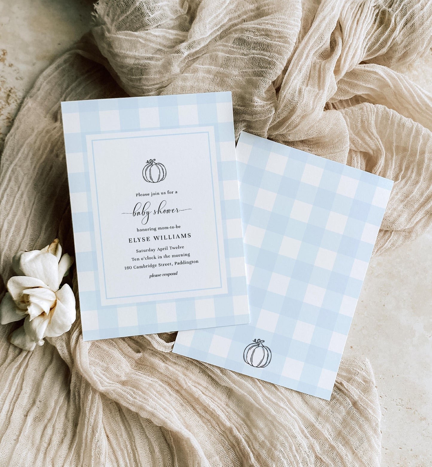 Gingham Blue Pumpkin | Printable Baby Shower Invitation Suite