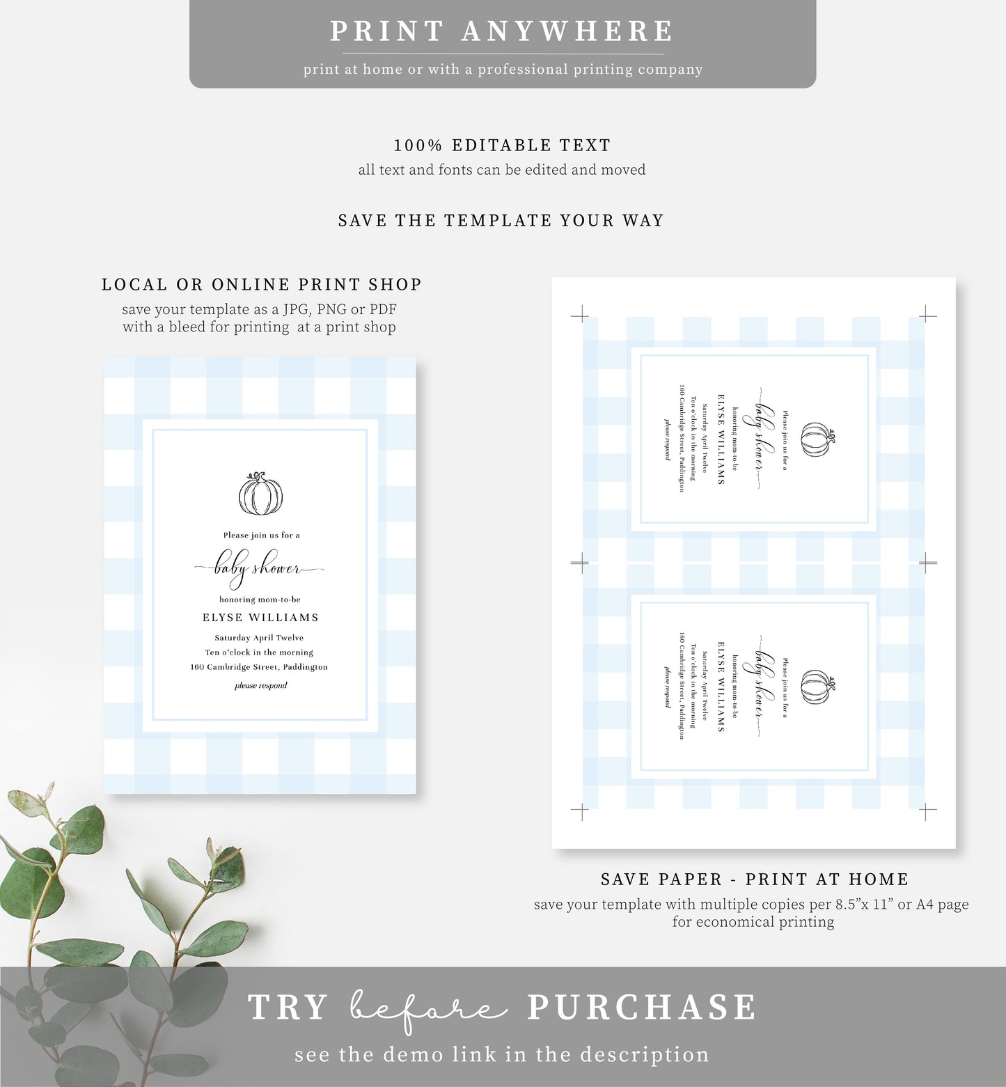 Gingham Blue Pumpkin | Printable Baby Shower Invitation Suite