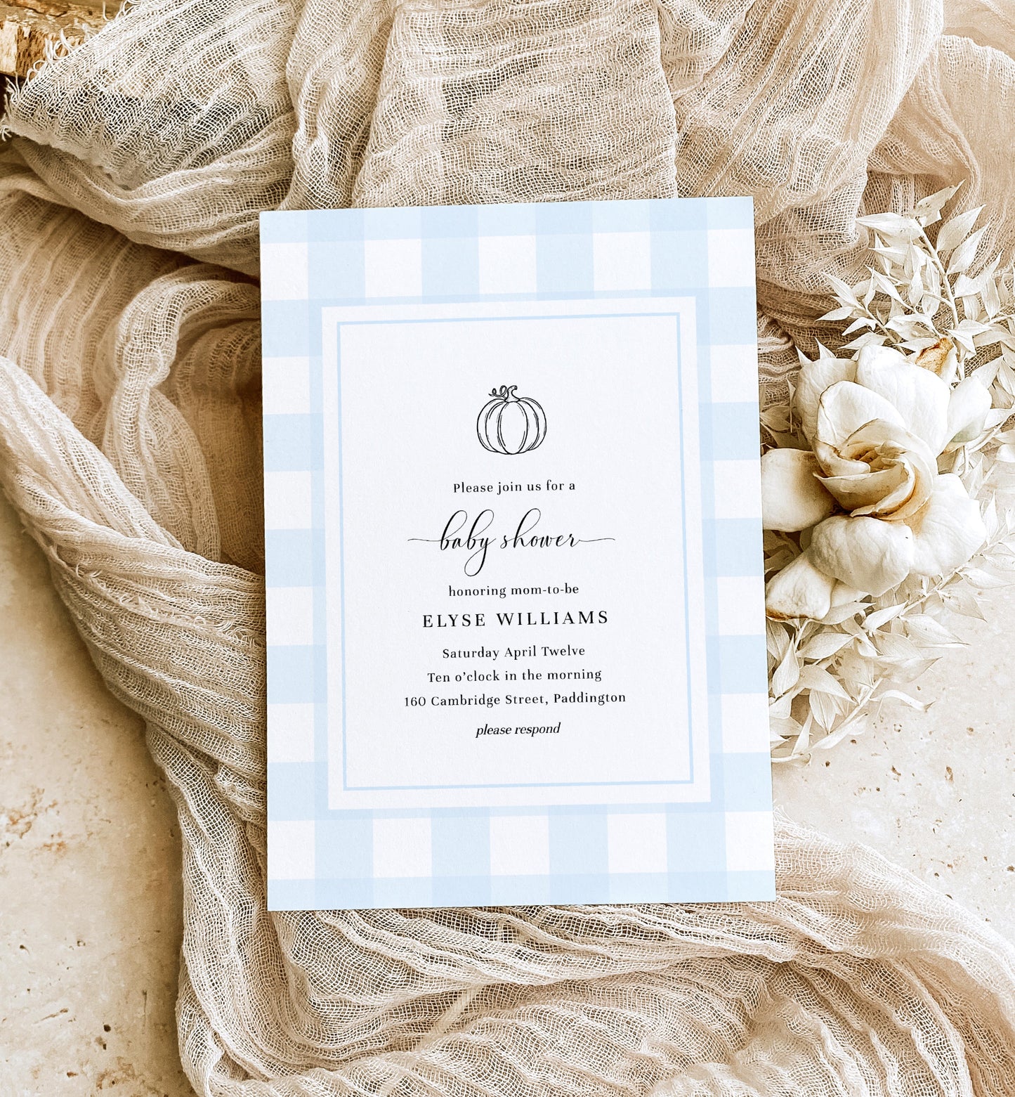 Gingham Blue Pumpkin | Printable Baby Shower Invitation Suite