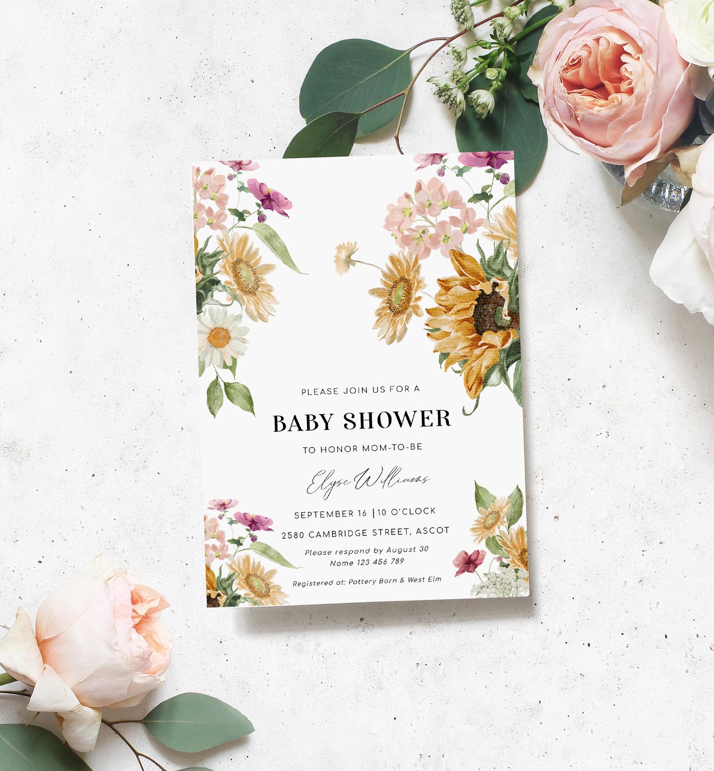 Mews Floral White | Printable Baby Shower Invitation