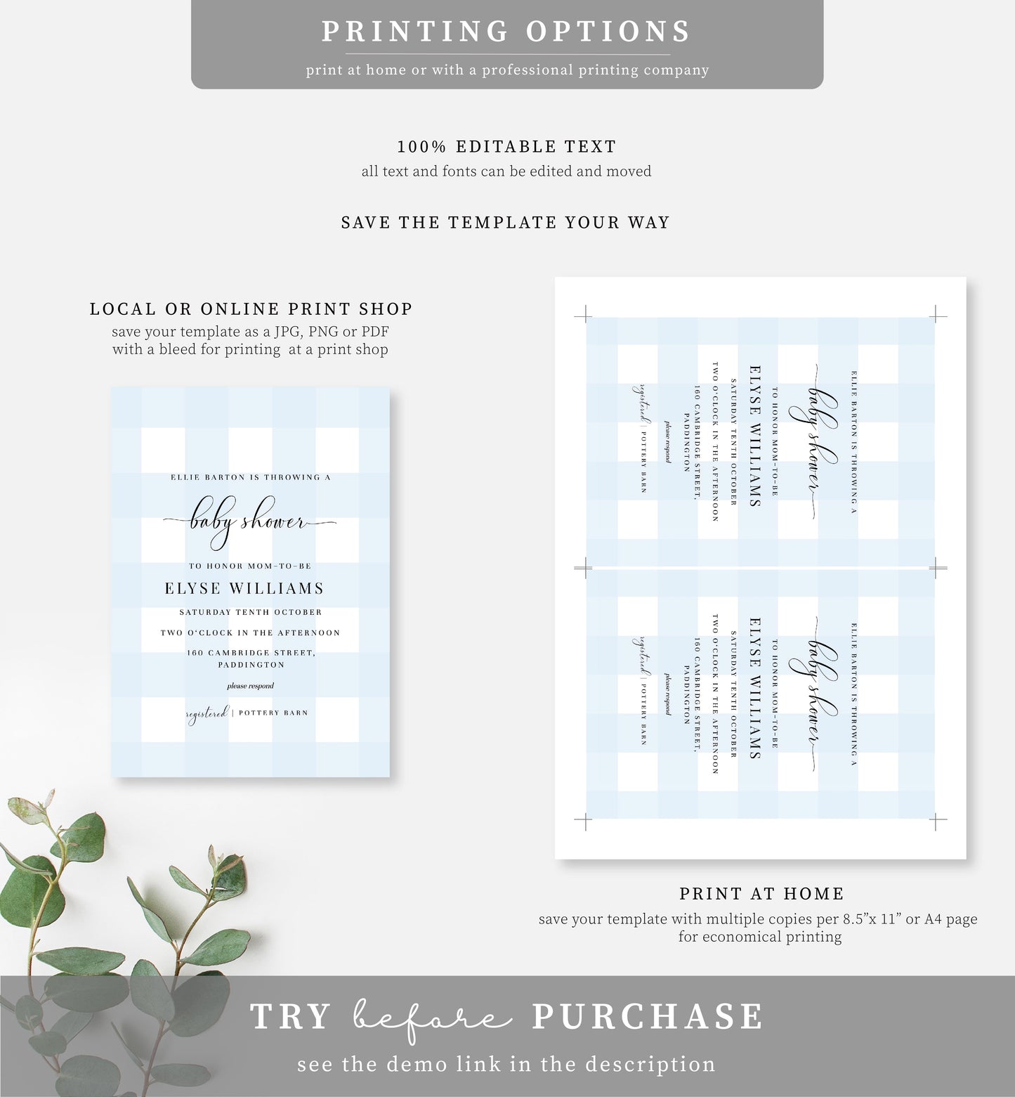 Gingham Blue | Printable Baby Shower Invitation Suite - Black Bow Studio