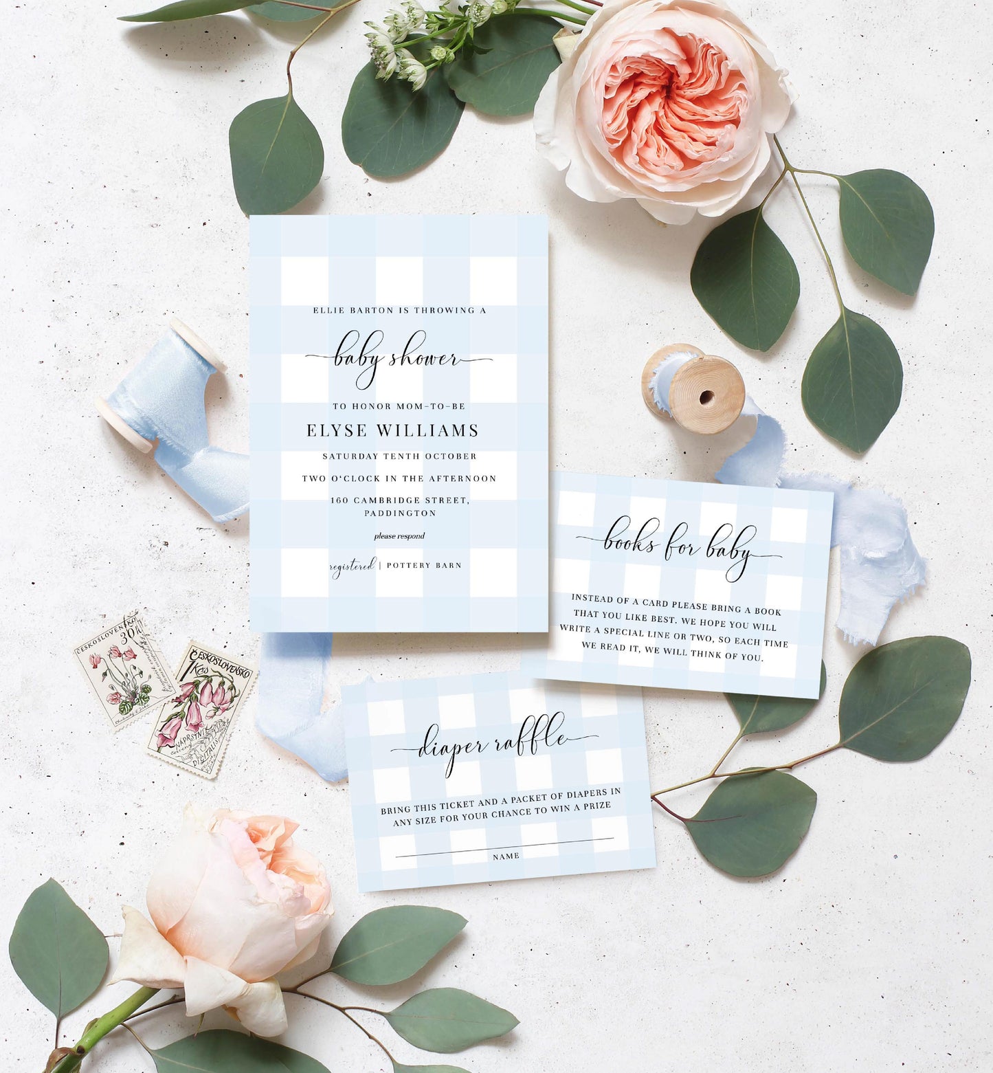 Gingham Blue | Printable Baby Shower Invitation Suite - Black Bow Studio